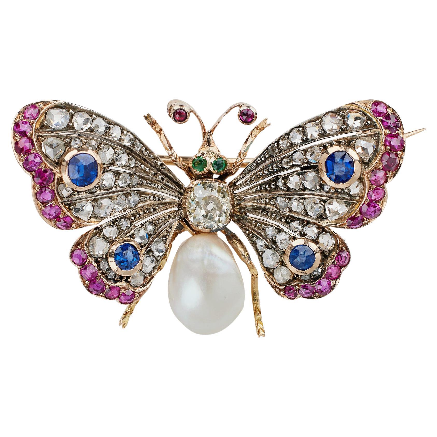 Antiguo Broche Mariposa engastado con Diamantes, Perlas y Gemas