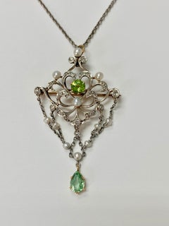 Antique Diamond Pearl and Peridot Necklace in 14K White Gold