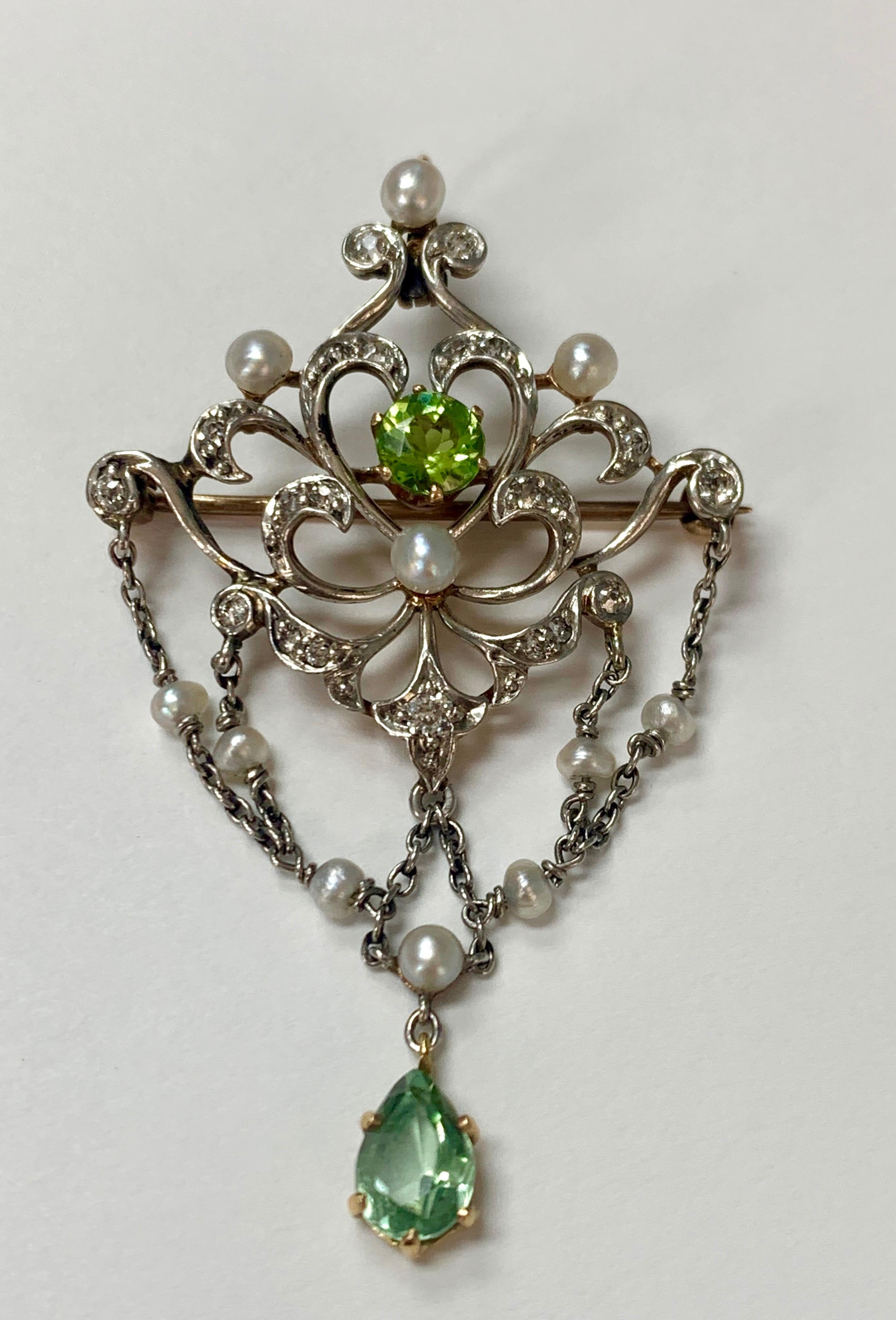 Women's Antique Diamond Pearl and Peridot Necklace in 14K White Gold For Sale