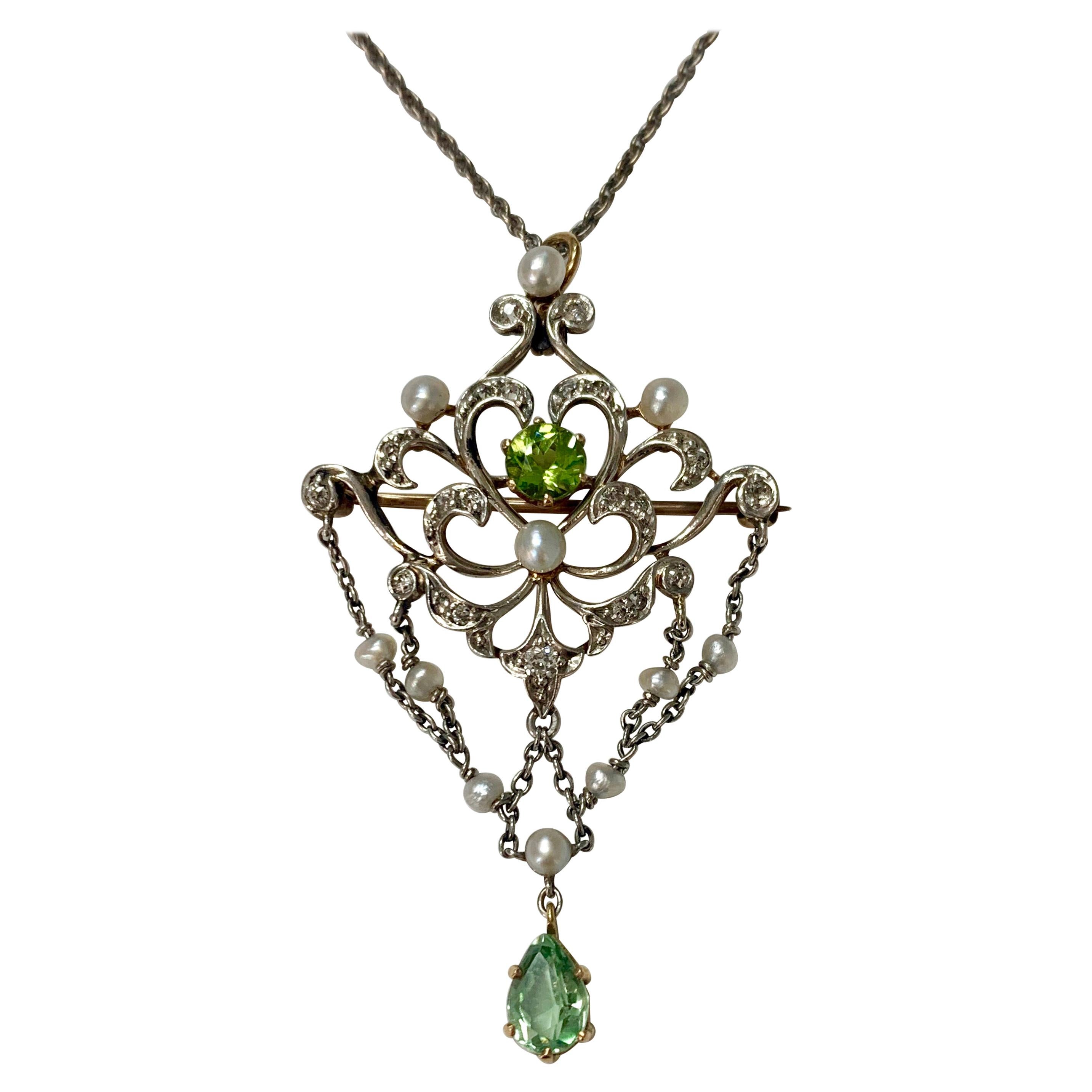 Antique Diamond Pearl and Peridot Necklace in 14K White Gold For Sale