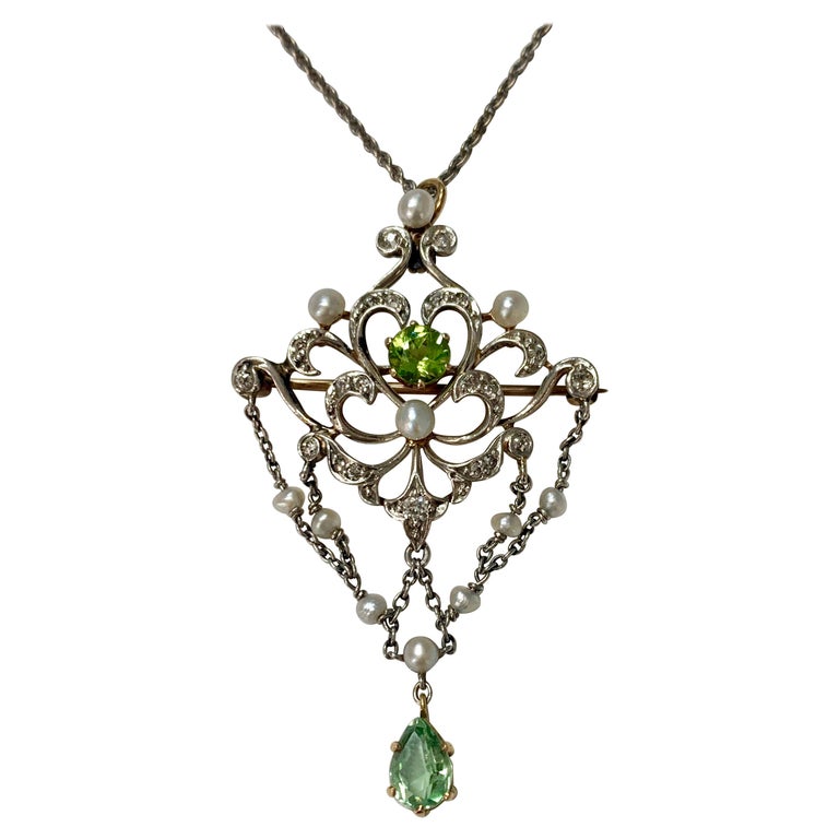 Antique Diamond Pearl and Peridot Necklace in 14K White Gold For Sale ...