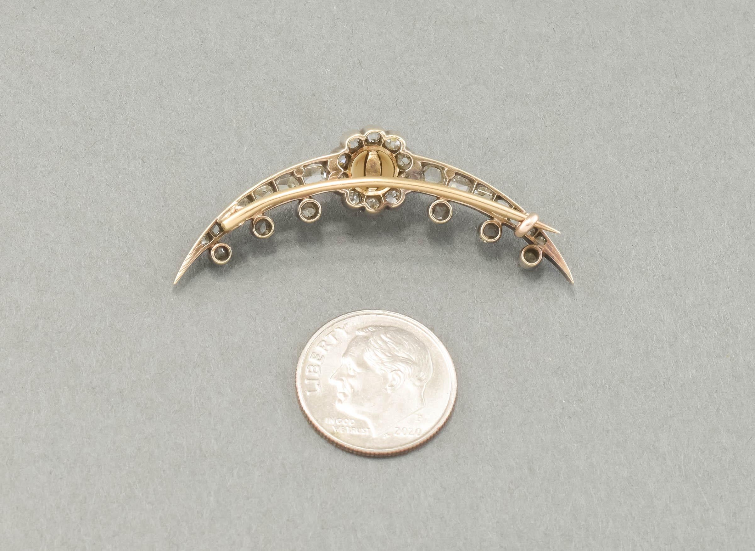 Antique Diamond Pearl Celestial Crescent Moon Brooch Pin For Sale 3