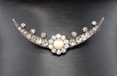 Antique Diamond Pearl Celestial Crescent Moon Brooch Pin