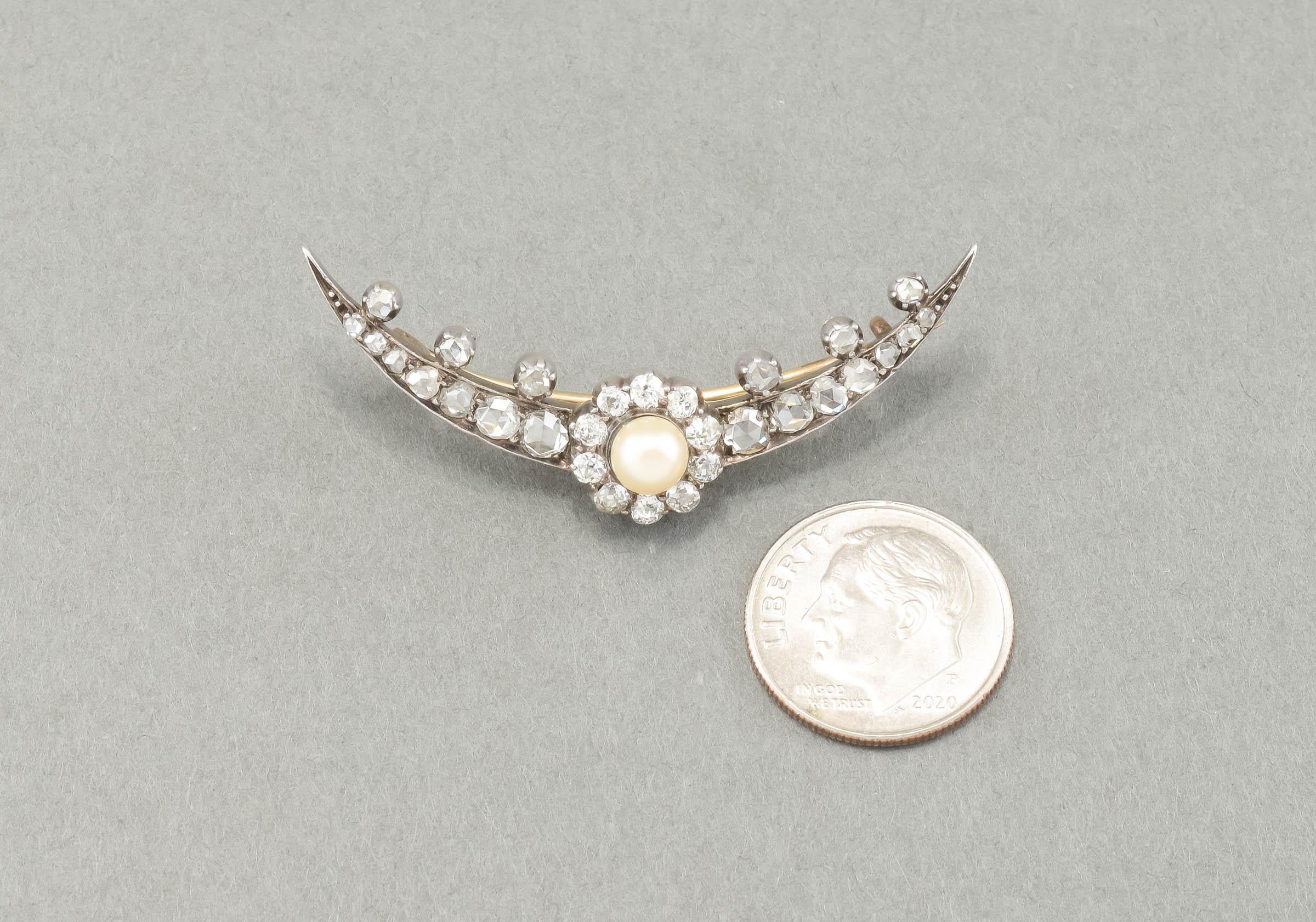 Victorian Antique Diamond Pearl Celestial Crescent Moon Brooch Pin For Sale