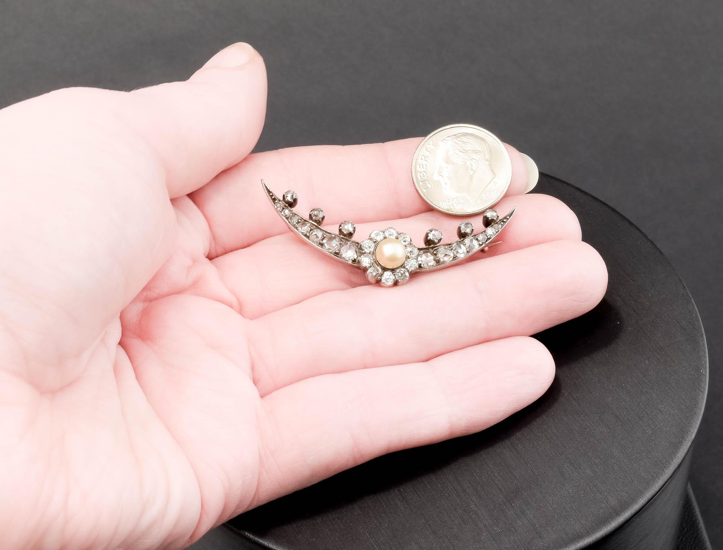 Old Mine Cut Antique Diamond Pearl Celestial Crescent Moon Brooch Pin For Sale