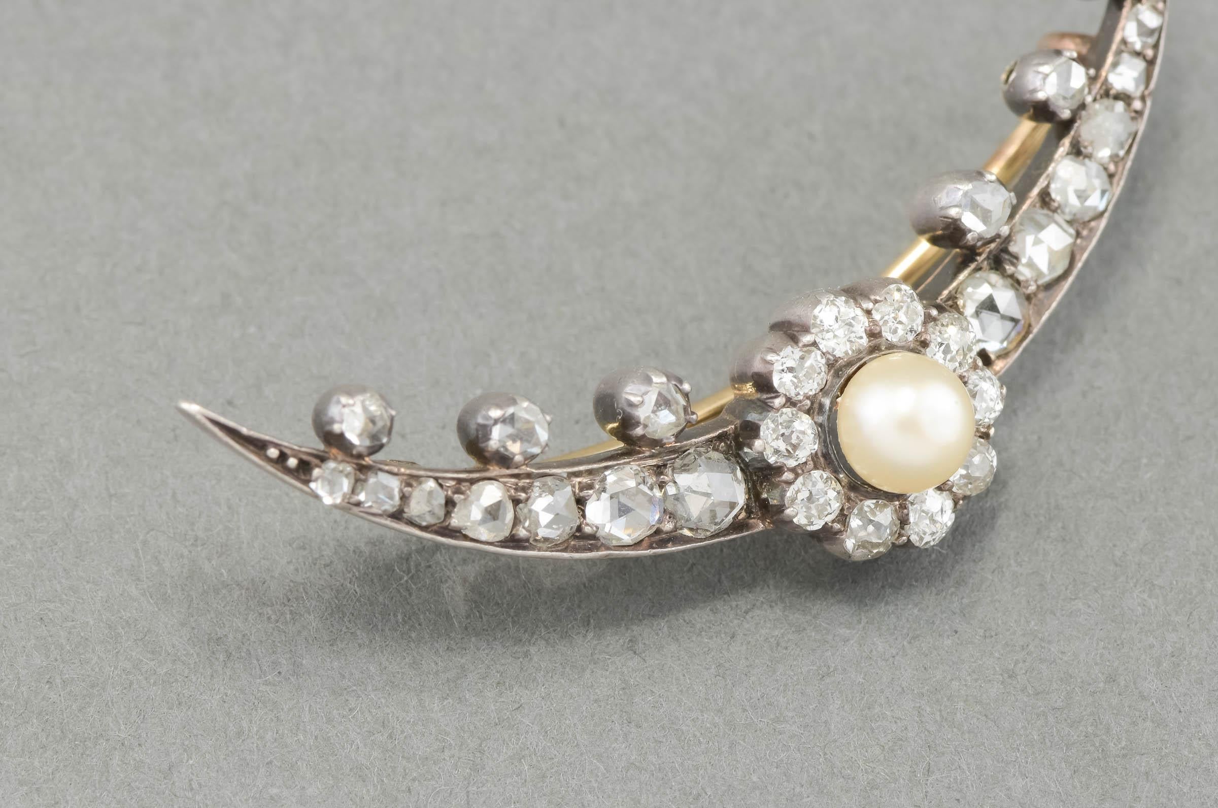 Women's Antique Diamond Pearl Celestial Crescent Moon Brooch Pin For Sale