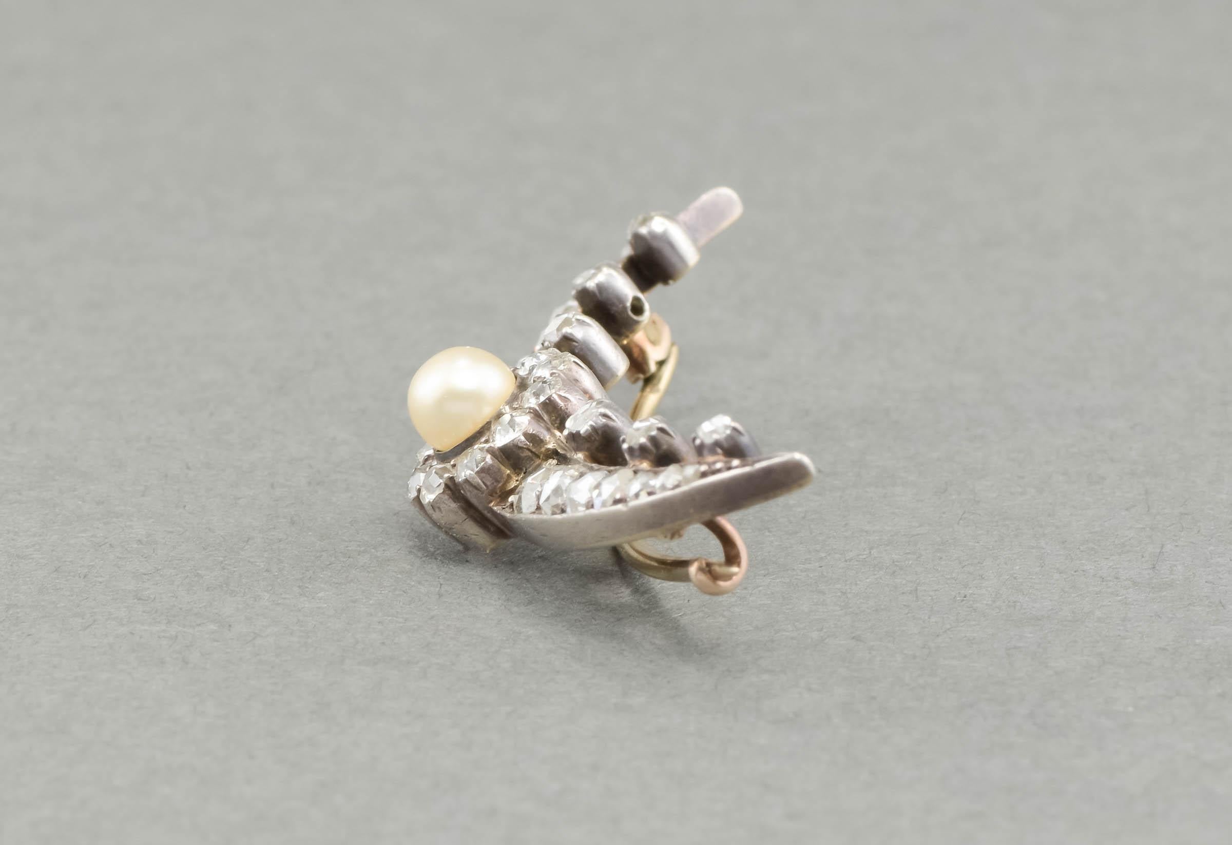 Antique Diamond Pearl Celestial Crescent Moon Brooch Pin For Sale 2