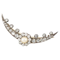 Antique Diamond Pearl Celestial Crescent Moon Brooch Pin