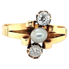Anello da cocktail con diamante antico e perla .40ct 14K  Vittoriano Vintage Originale del 1880