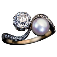 Antique Diamond Pearl Crossover Engagement Ring
