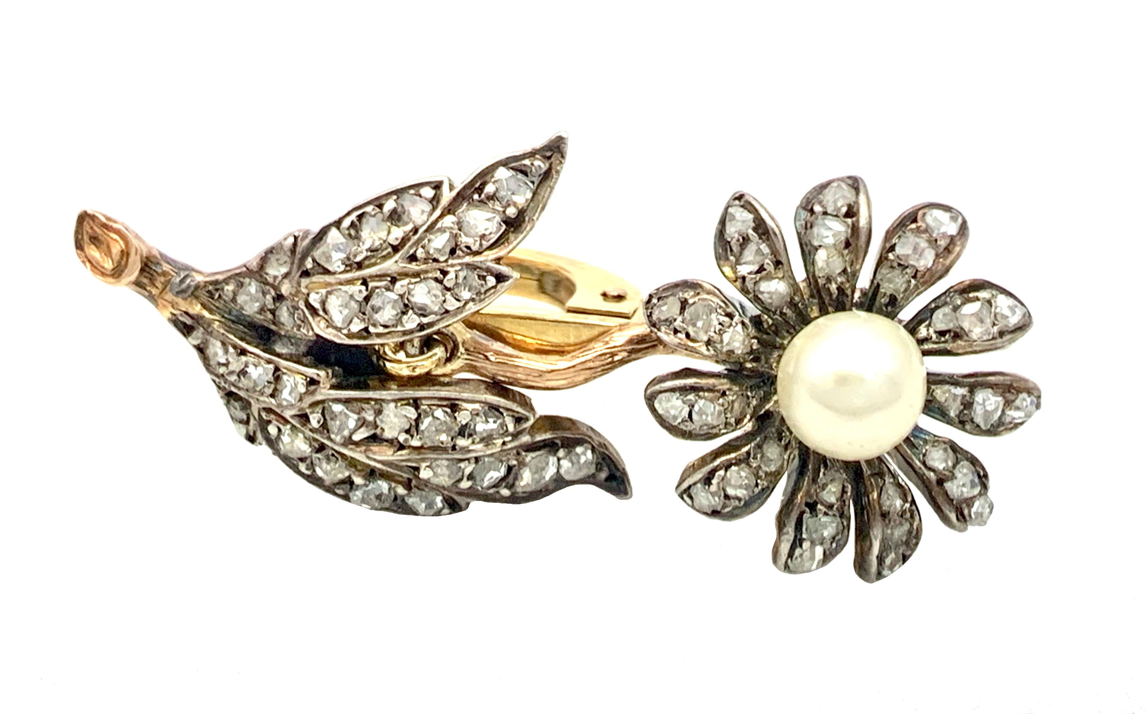 Victorien Antiquities Diamond Pearl Dangling Earrings Articulated Flowers 14k Gold Silver en vente