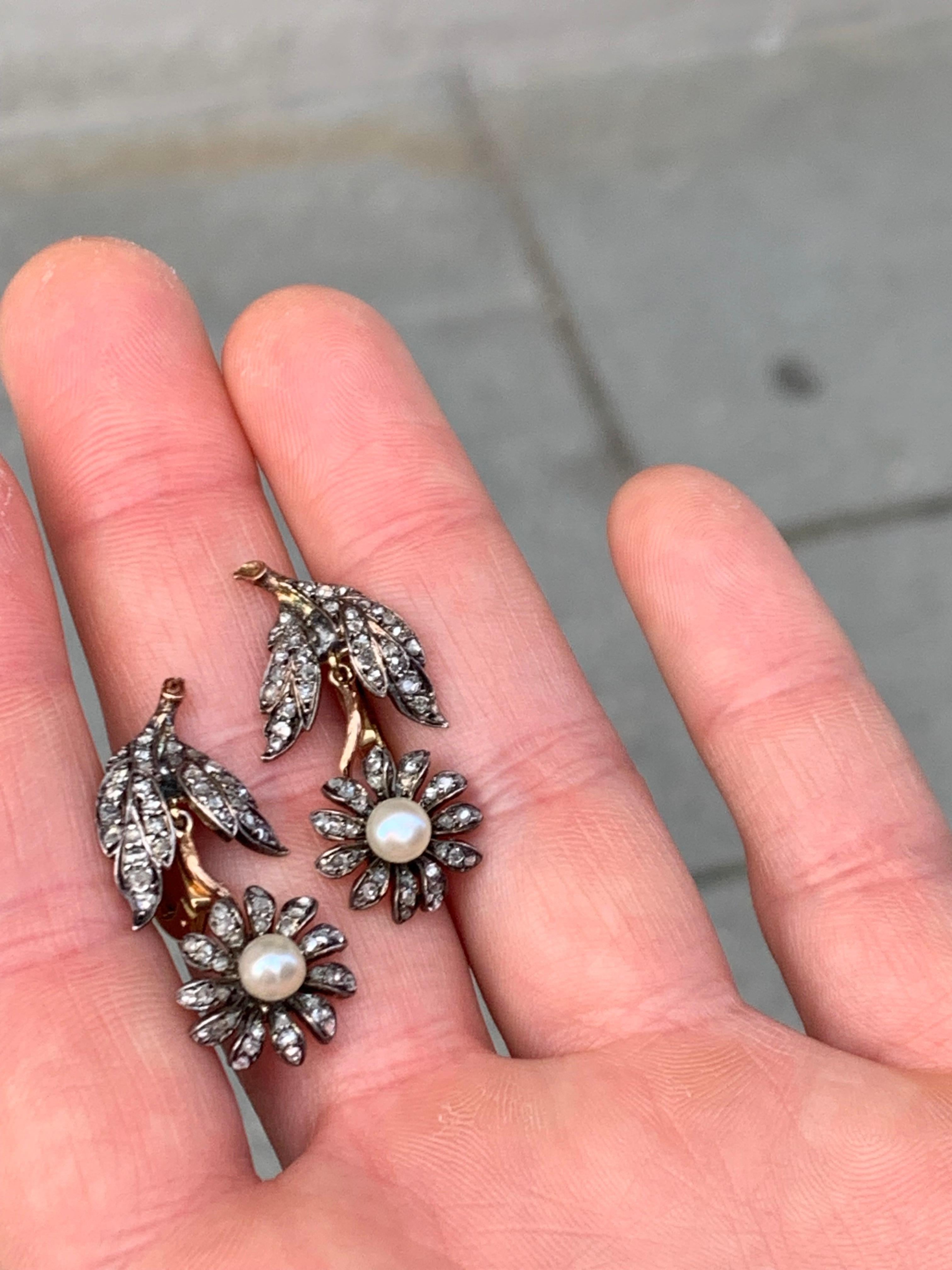 Antique Diamond Pearl Dangling Earrings Articulated Flowers 14k Gold Silver In Good Condition For Sale In Munich, Bavaria