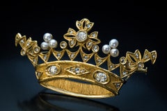 Antique Diamond Pearl Gold Crown Brooch
