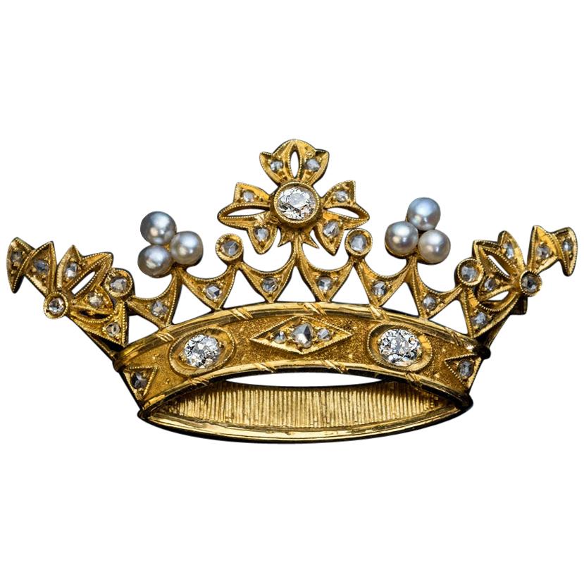Antique Diamond Pearl Gold Crown Brooch For Sale