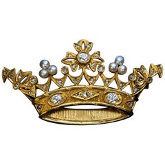 Broche couronne ancienne en or avec diamants et perles