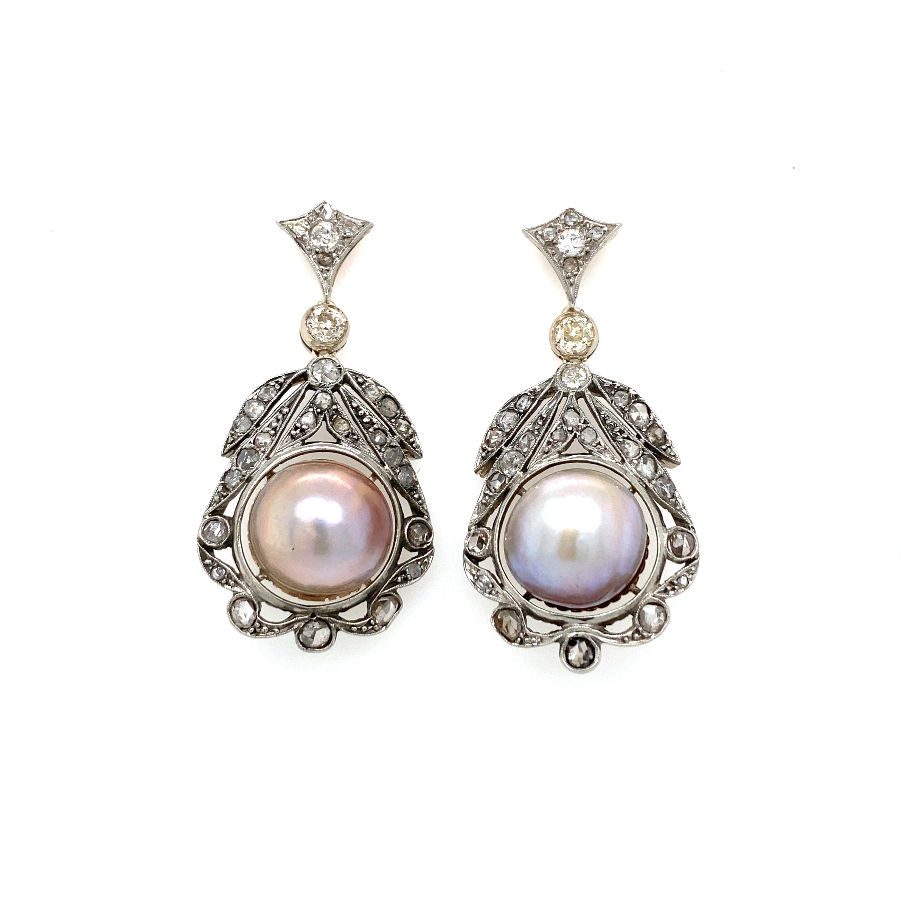 Mixed Cut Antique Diamond Pearl Gold Drop Earrings