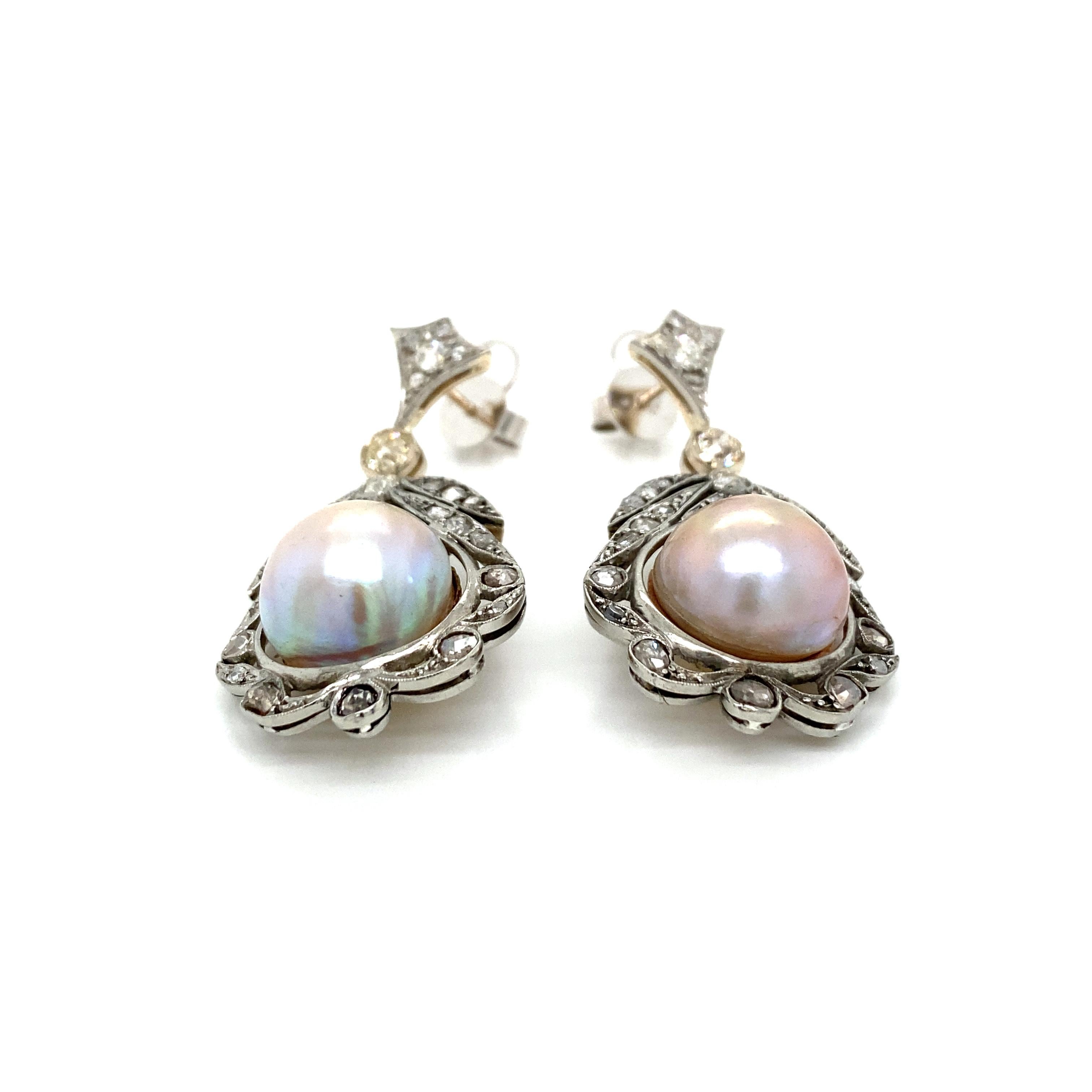 Antique Diamond Pearl Gold Drop Earrings In Excellent Condition In Napoli, Italy