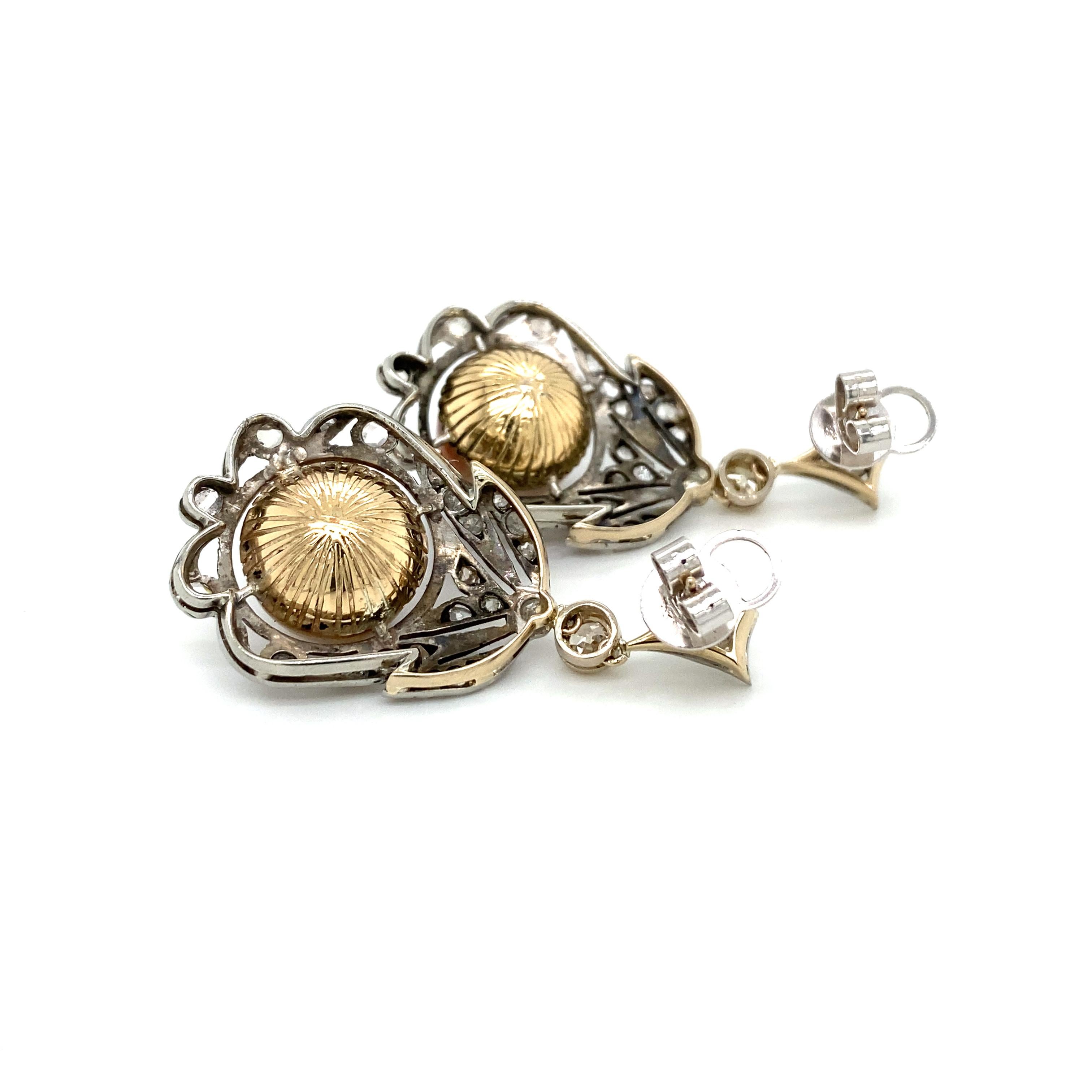 Women's Antique Diamond Pearl Gold Drop Earrings