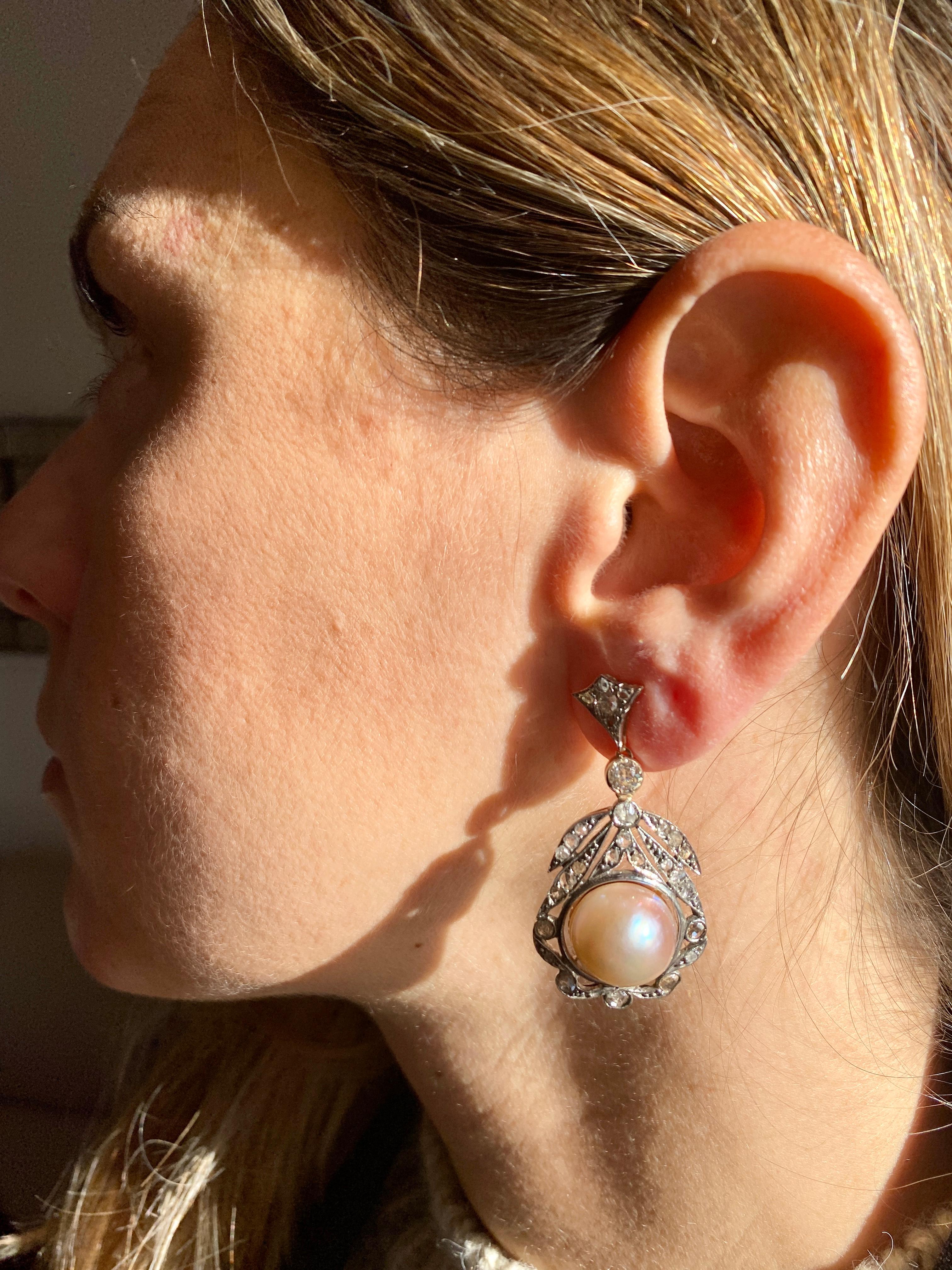 Antique Diamond Pearl Gold Drop Earrings 1