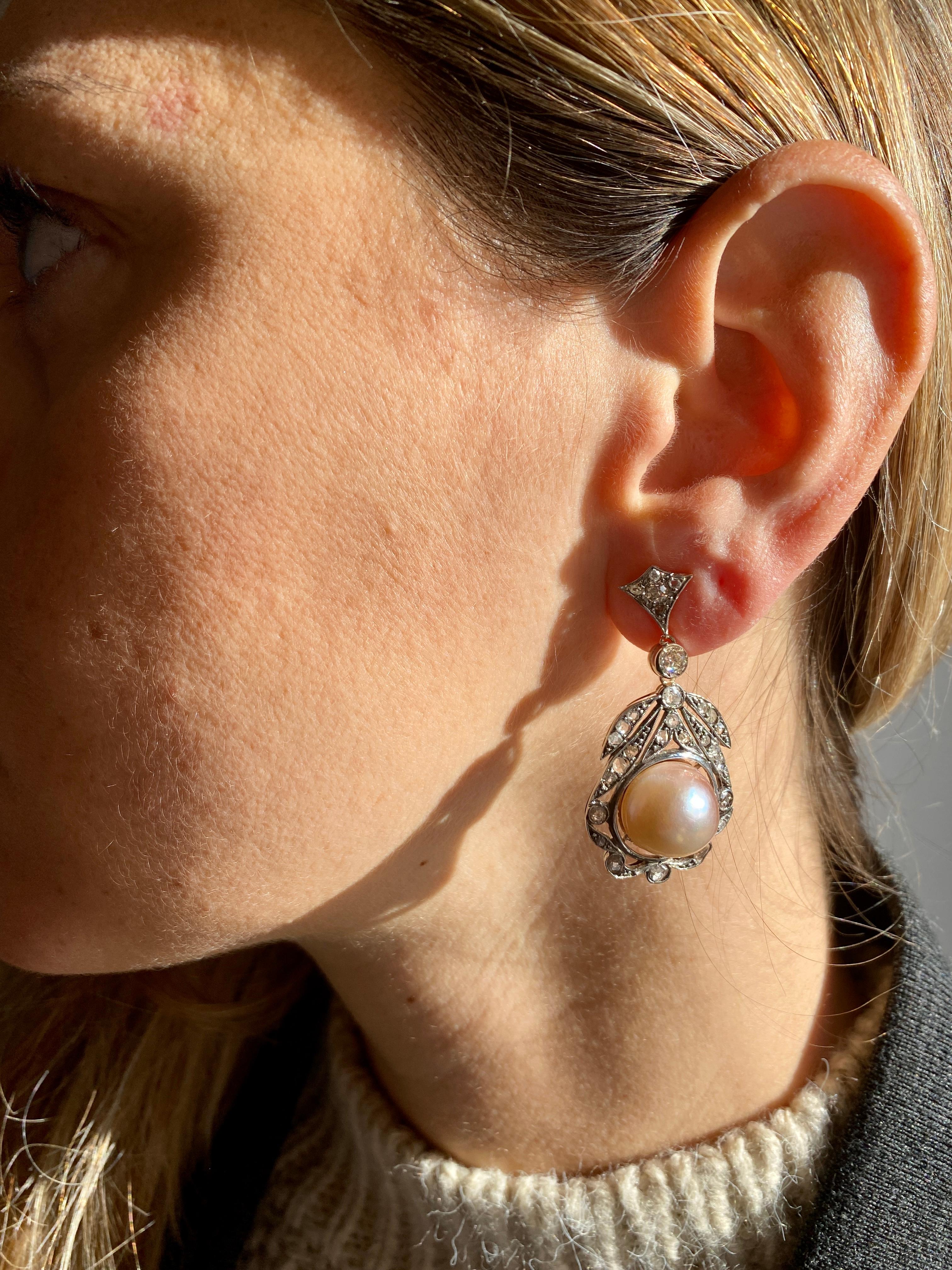Antique Diamond Pearl Gold Drop Earrings 2