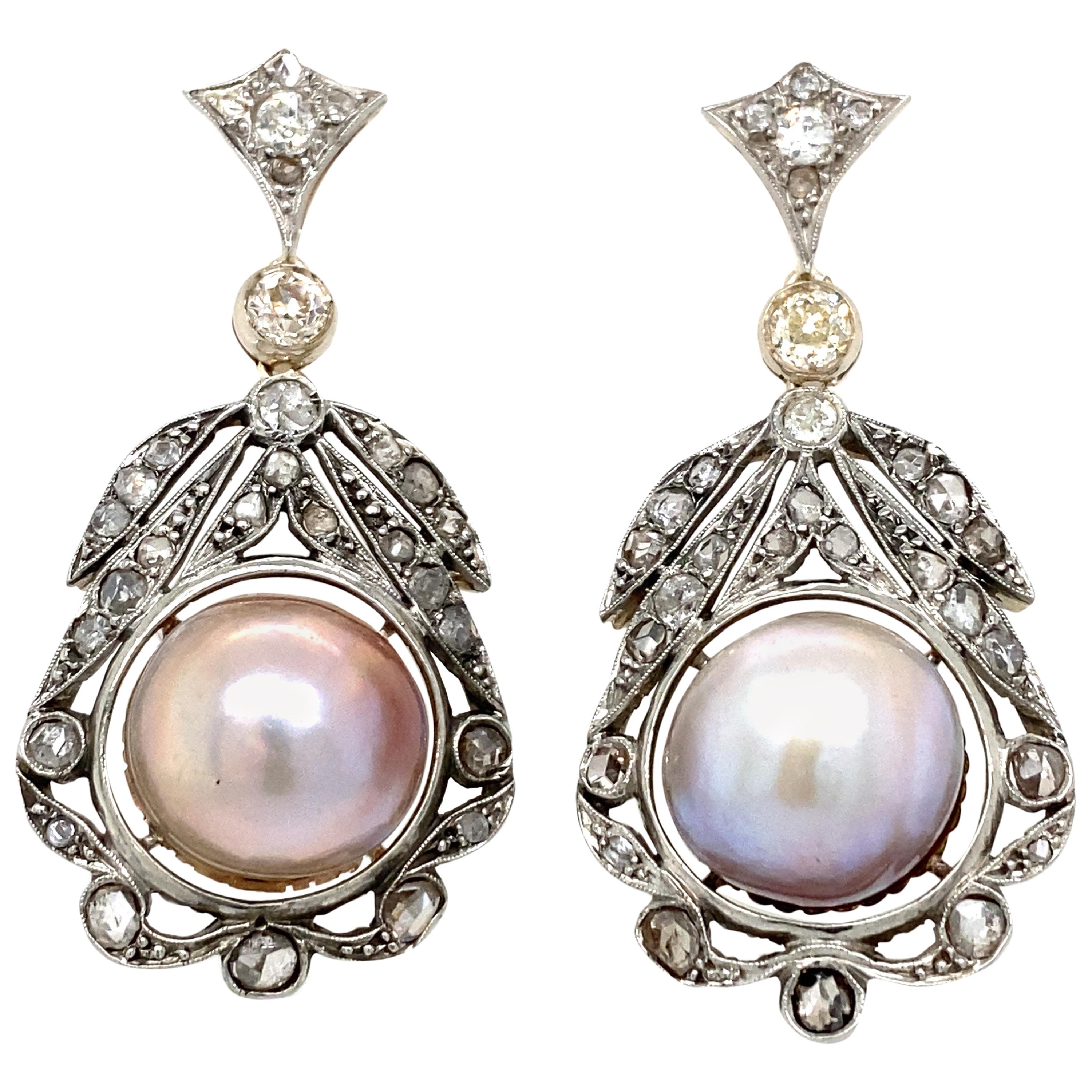 Antique Diamond Pearl Gold Drop Earrings