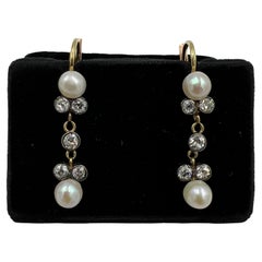 Antique Diamond Pearl Gold Drop Earrings 