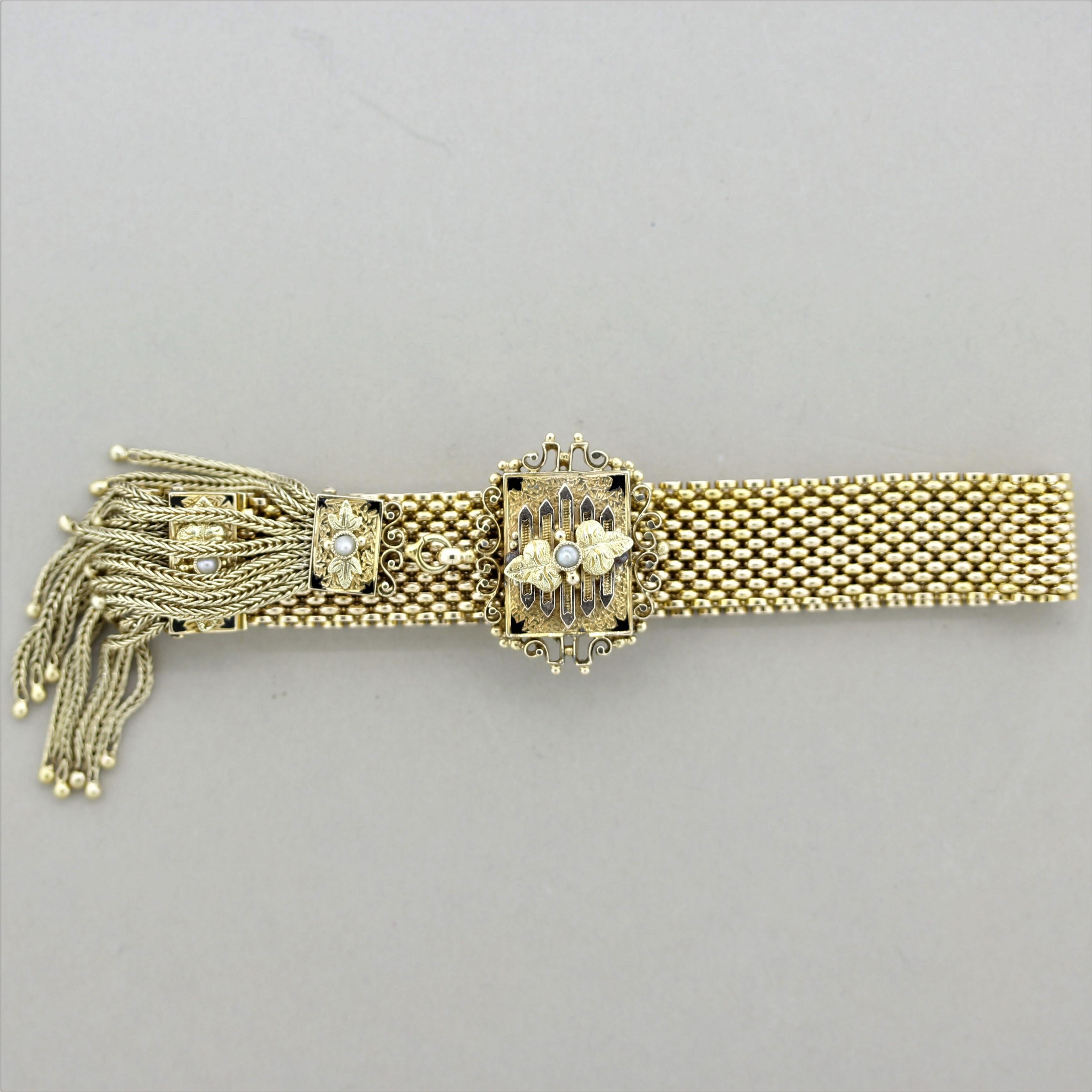 Mixed Cut Antique Diamond Pearl Gold Tassel Slide Bracelet