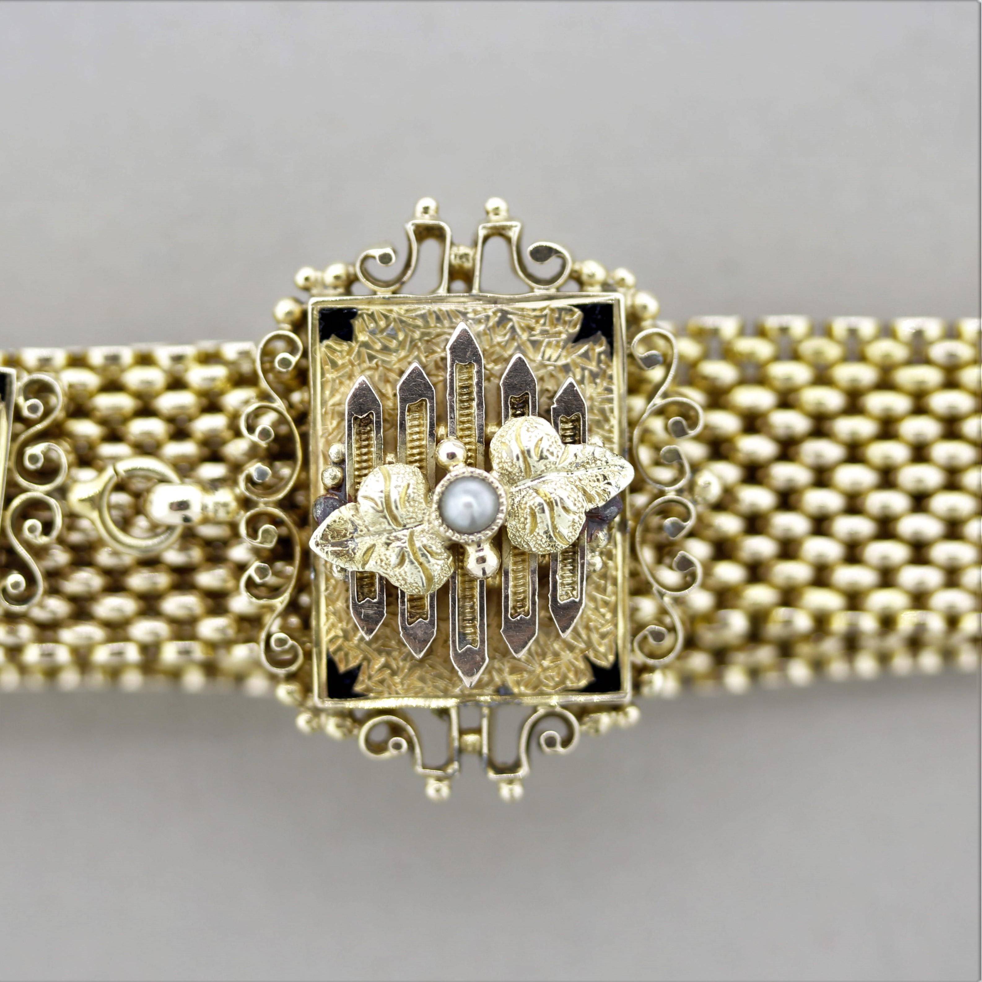 Antique Diamond Pearl Gold Tassel Slide Bracelet In Excellent Condition In Beverly Hills, CA