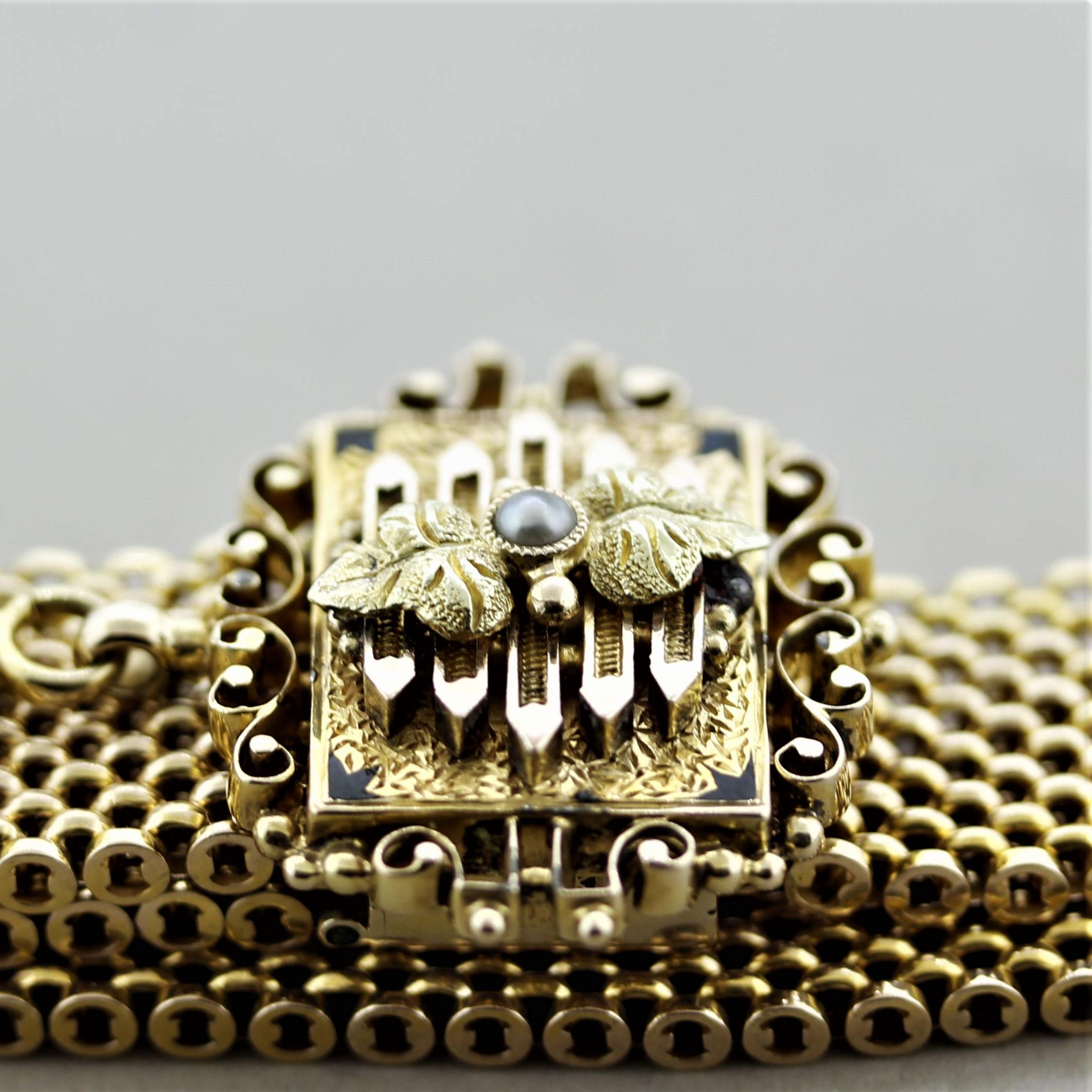 Women's Antique Diamond Pearl Gold Tassel Slide Bracelet