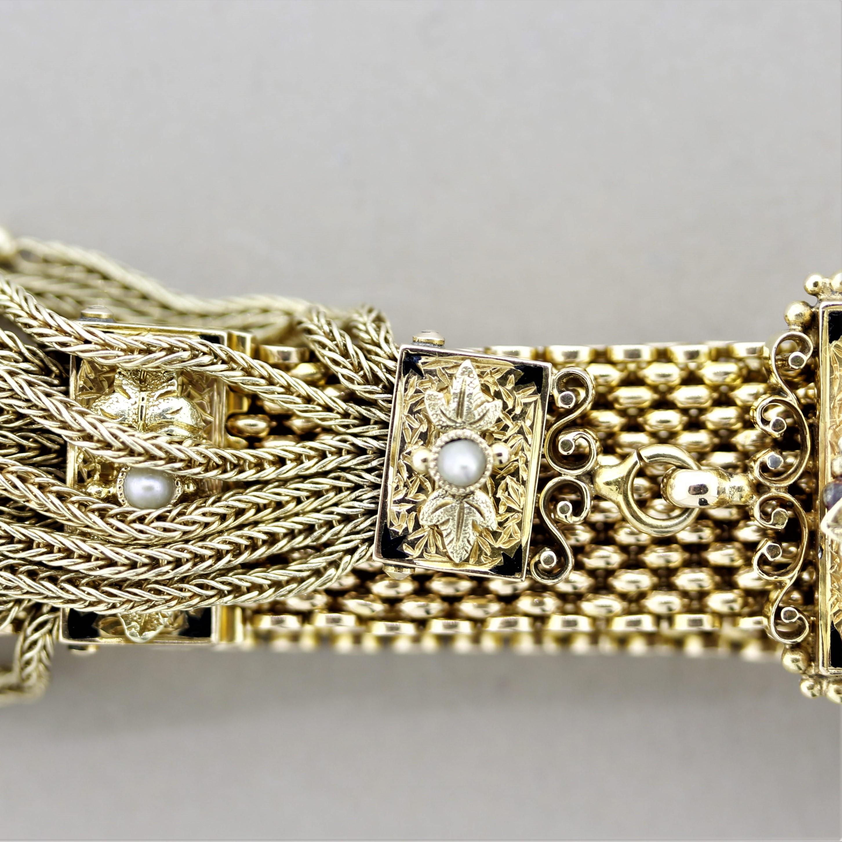 Antique Diamond Pearl Gold Tassel Slide Bracelet 1