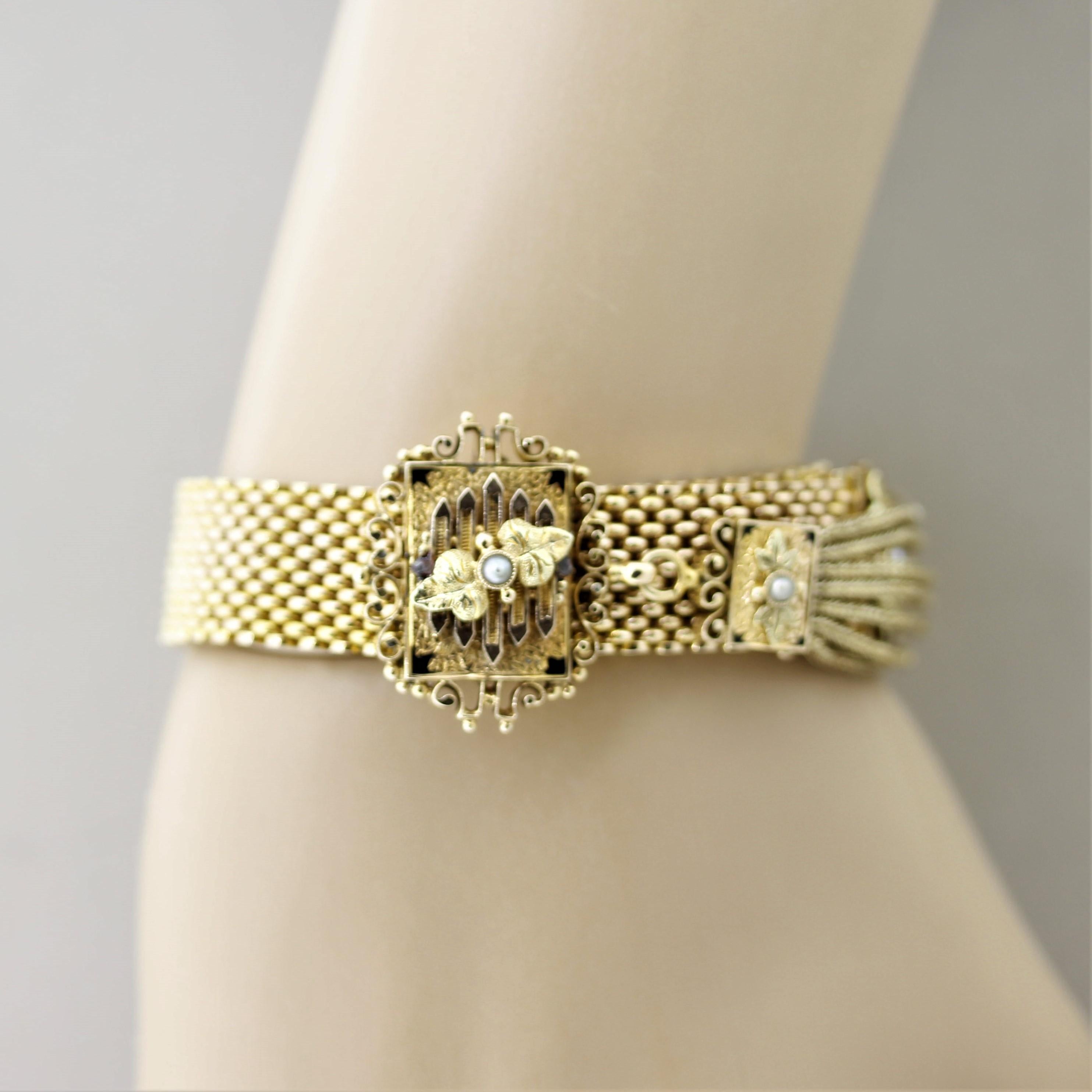 Antique Diamond Pearl Gold Tassel Slide Bracelet 2