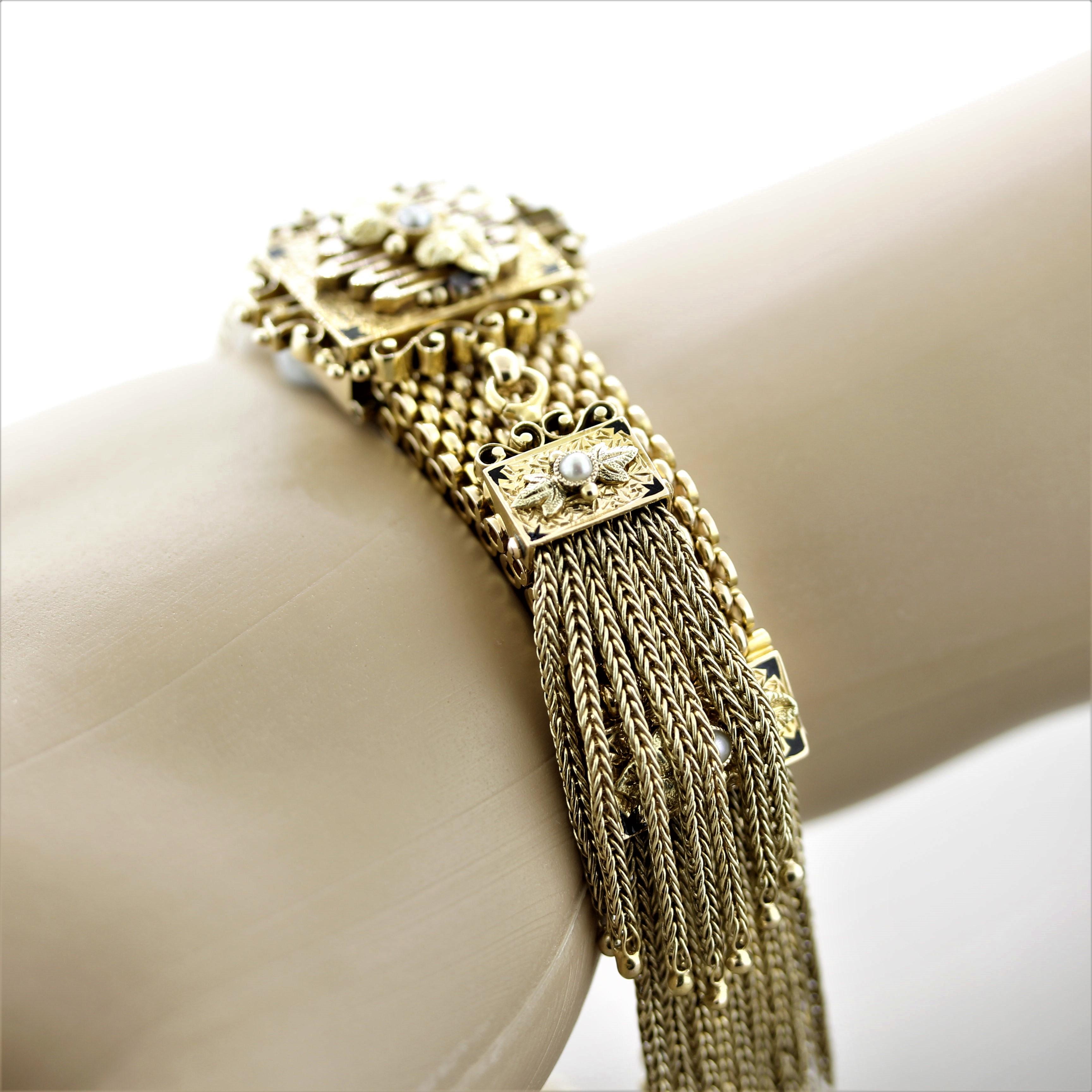 Antique Diamond Pearl Gold Tassel Slide Bracelet 3