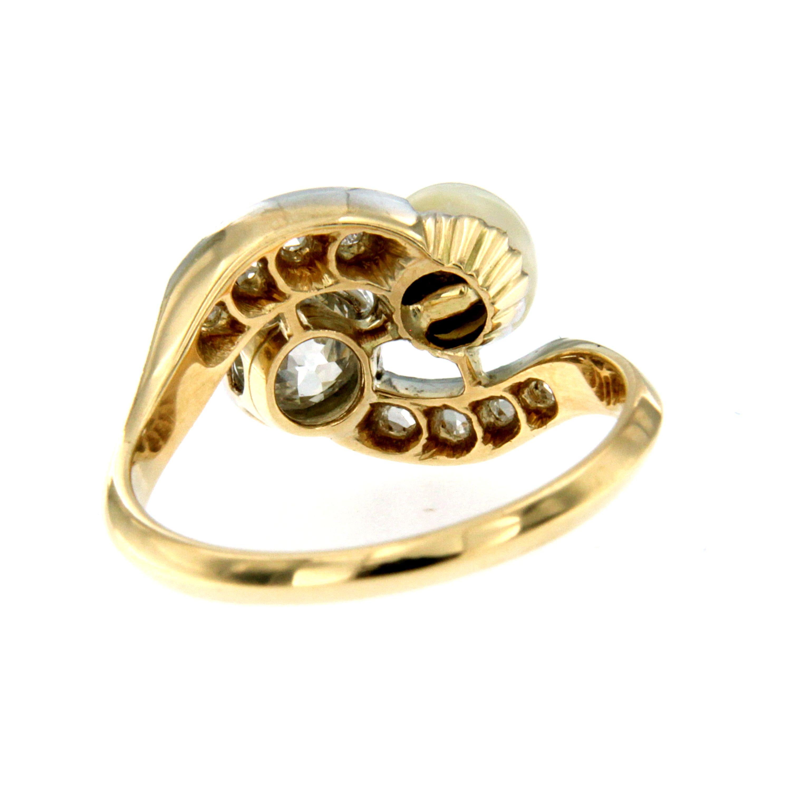 Antique Diamond Pearl Gold Vous et Moi Ring In Excellent Condition In Napoli, Italy