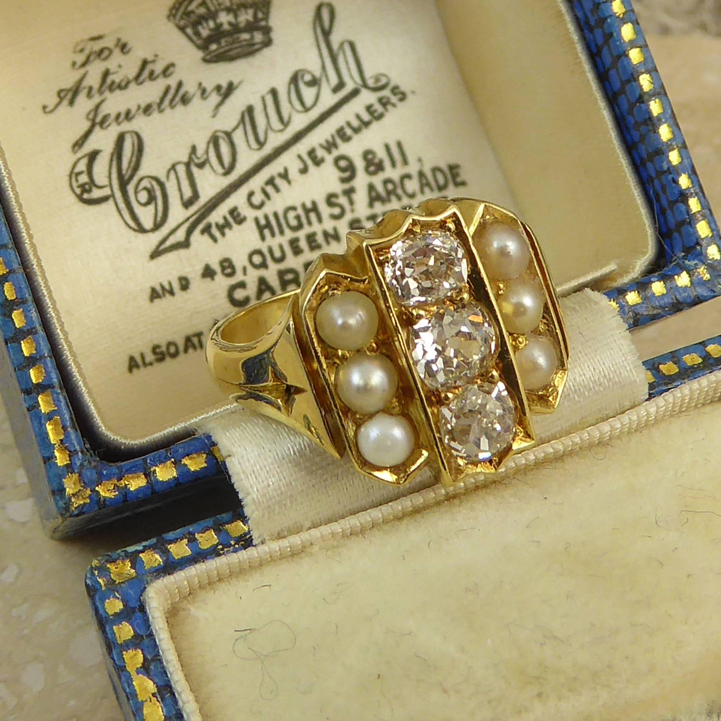Women's or Men's Antique Diamond Pearl Ring, 0.72 Carat, circa 1900-1910