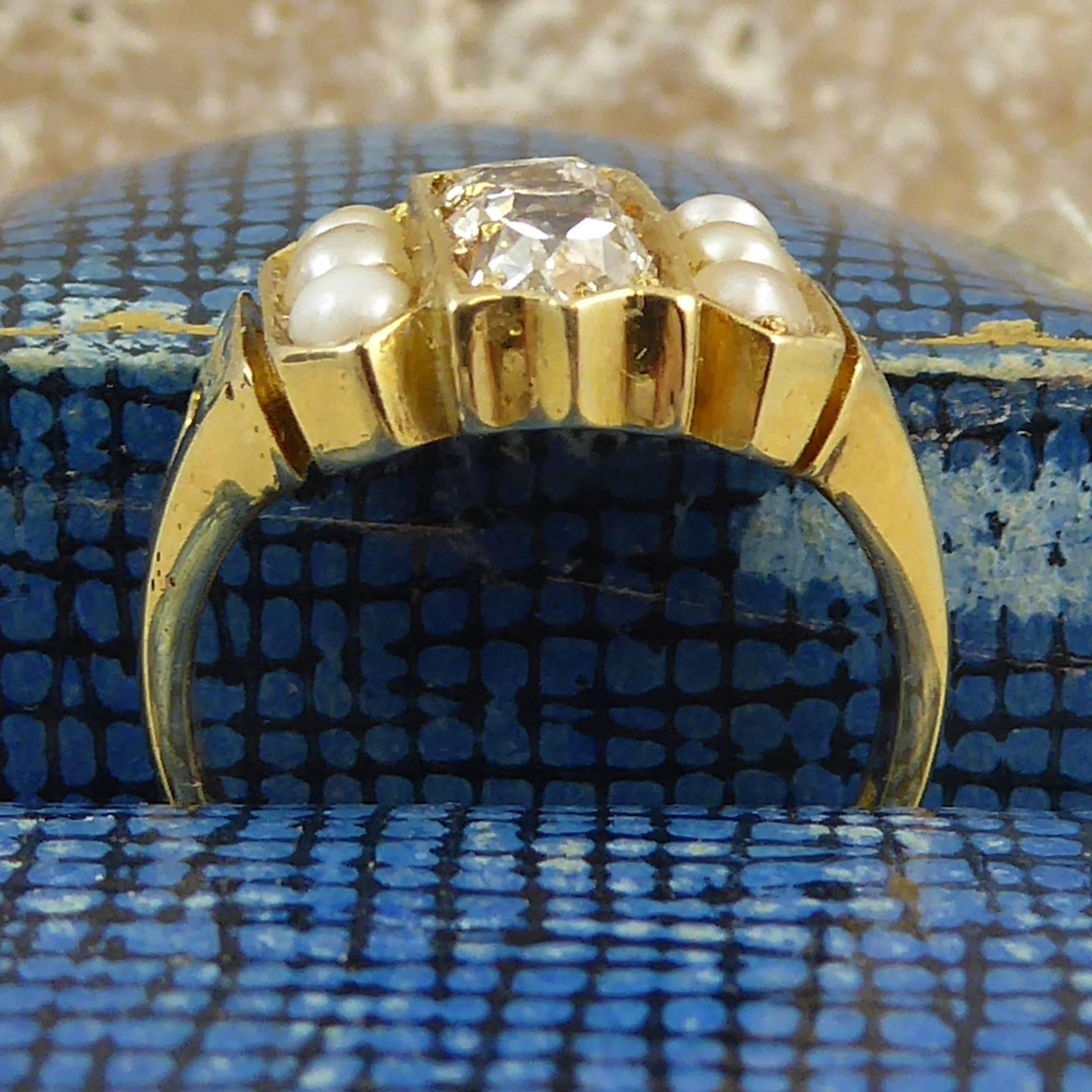 Antique Diamond Pearl Ring, 0.72 Carat, circa 1900-1910 1