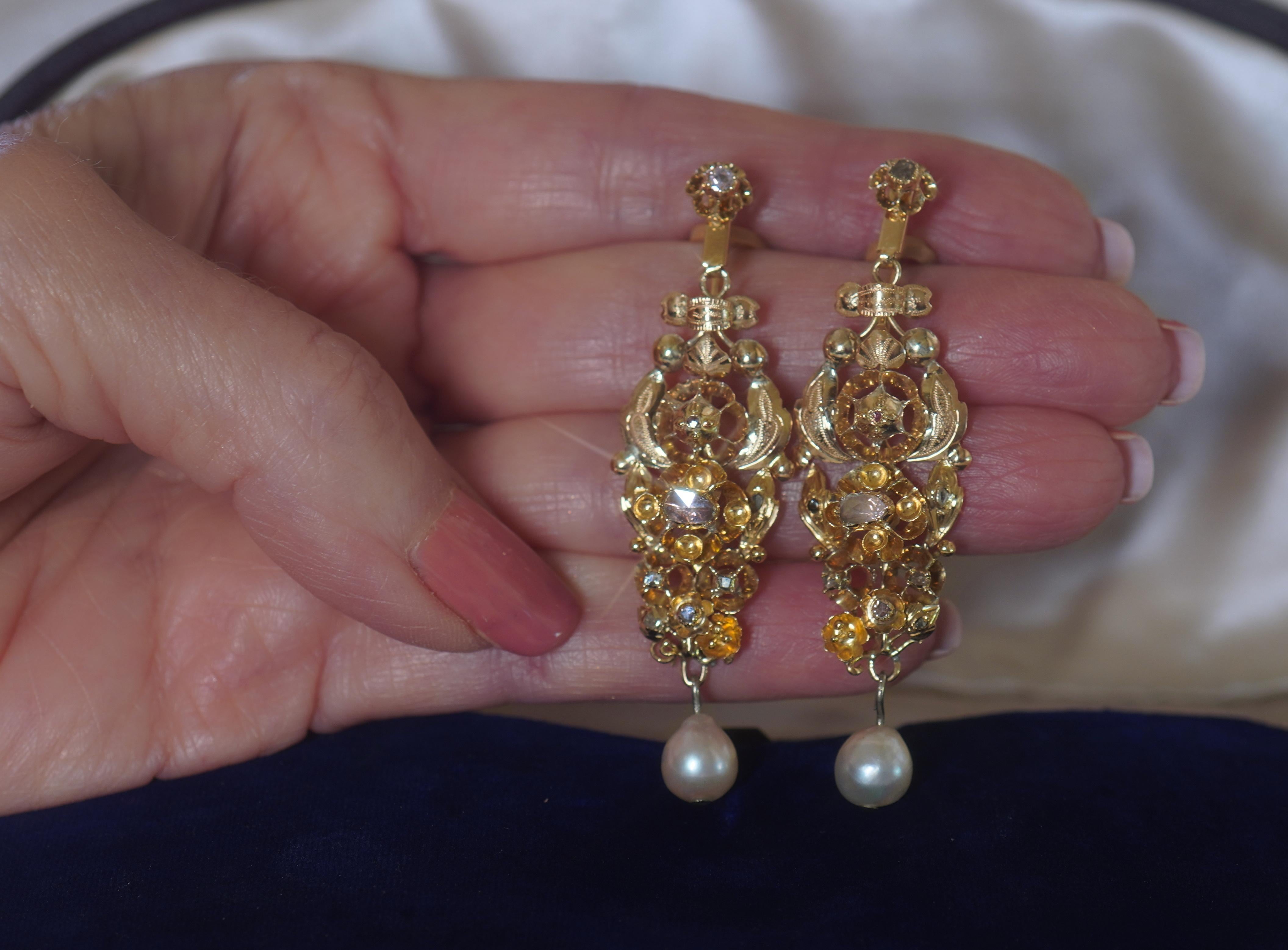 Antique Diamond Pearl Ruby Earrings 14K Certified Huge French Georgian 1700s For Sale 5