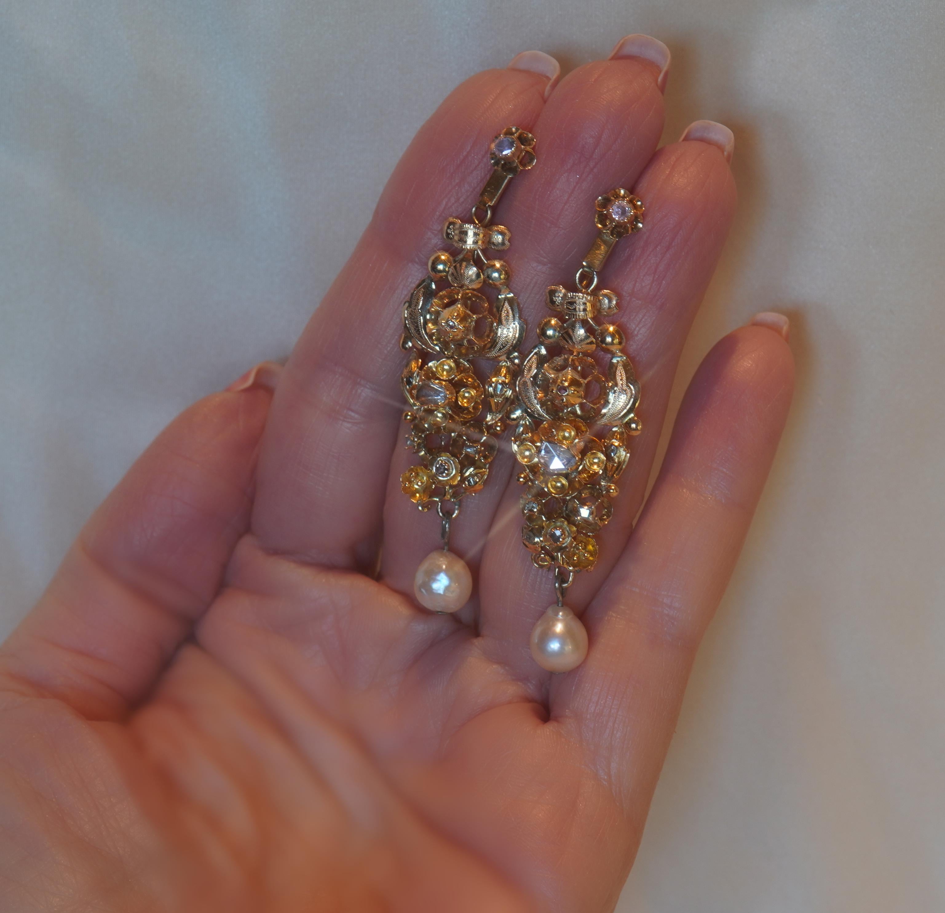 Antique Diamond Pearl Ruby Earrings 14K Certified Huge French Georgian 1700s For Sale 7