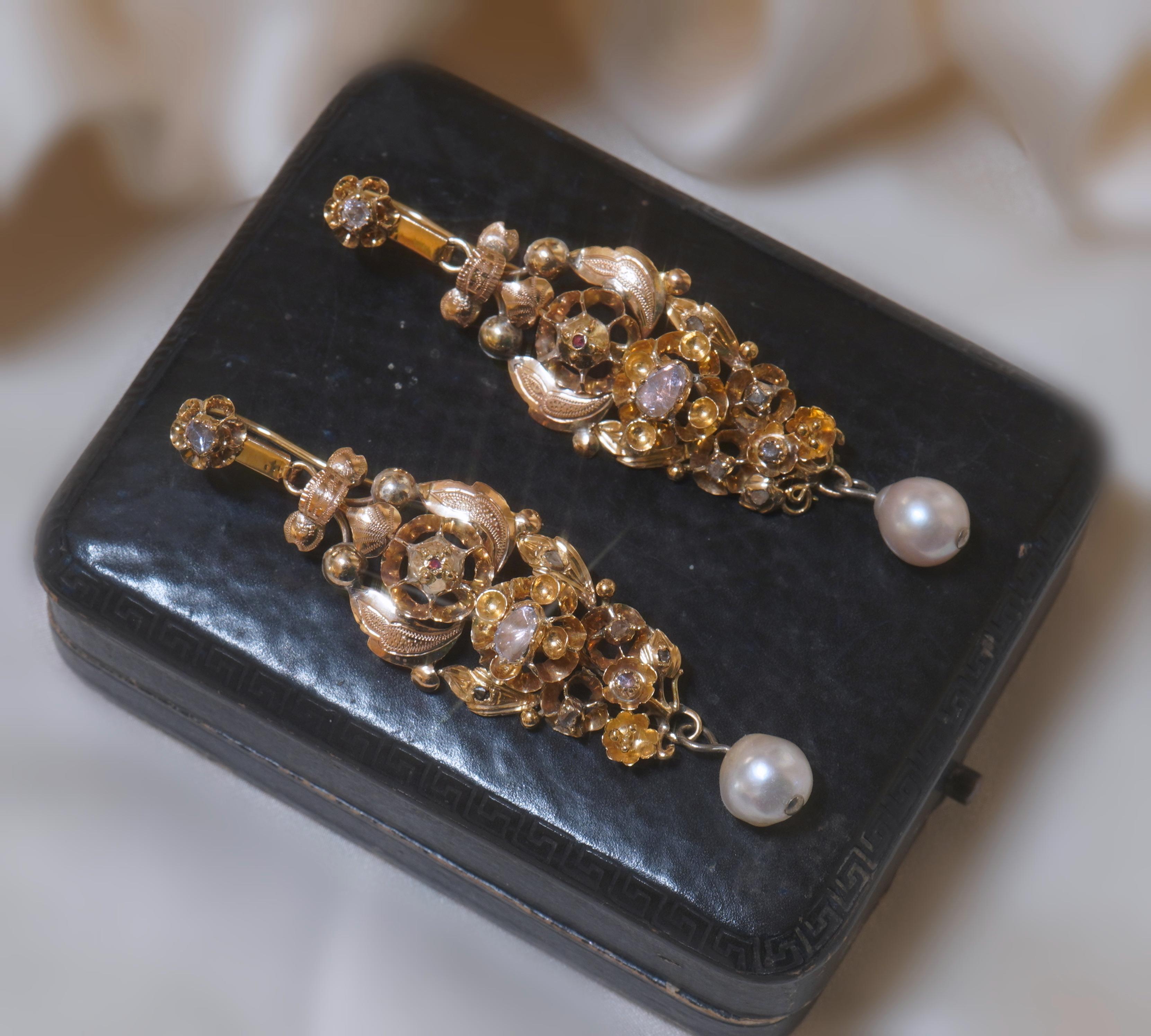 Antique Diamond Pearl Ruby Earrings 14K Certified Huge French Georgian 1700s In Good Condition For Sale In Sylvania, GA