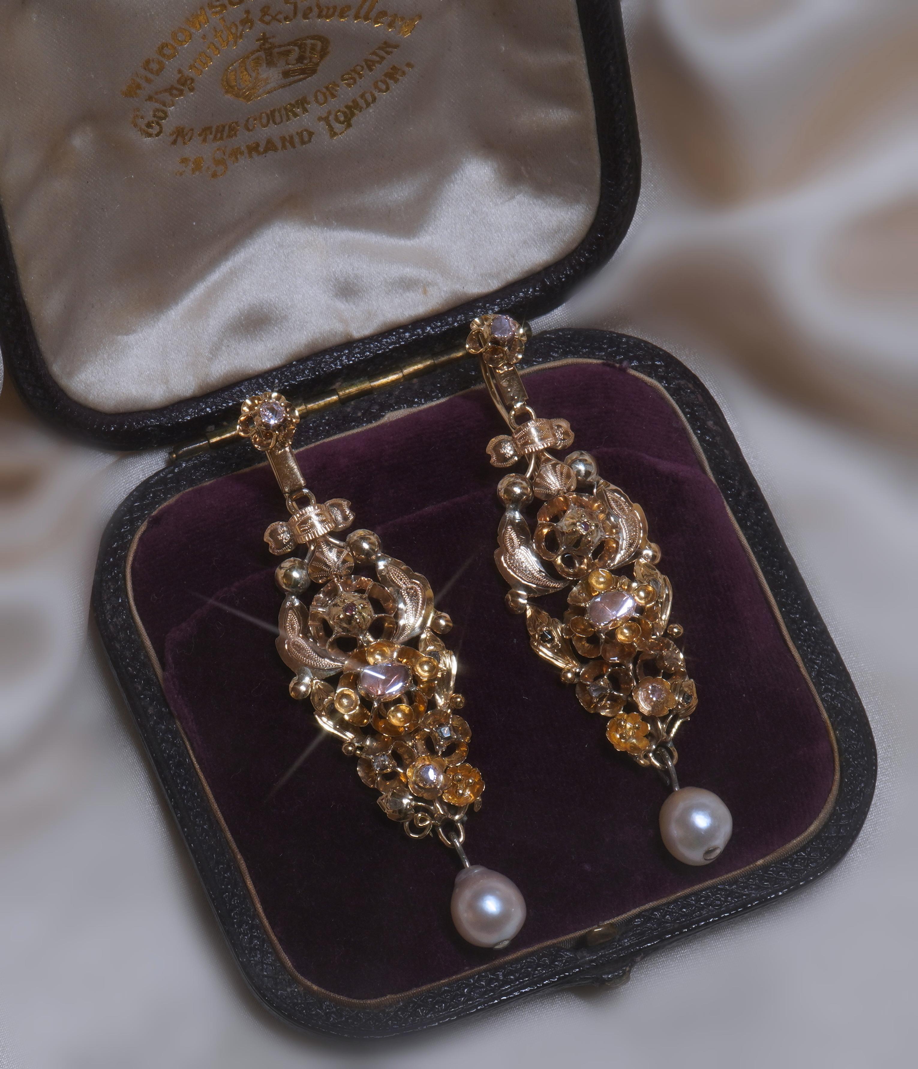 Antique Diamond Pearl Ruby Earrings 14K Certified Huge French Georgian 1700s For Sale 1