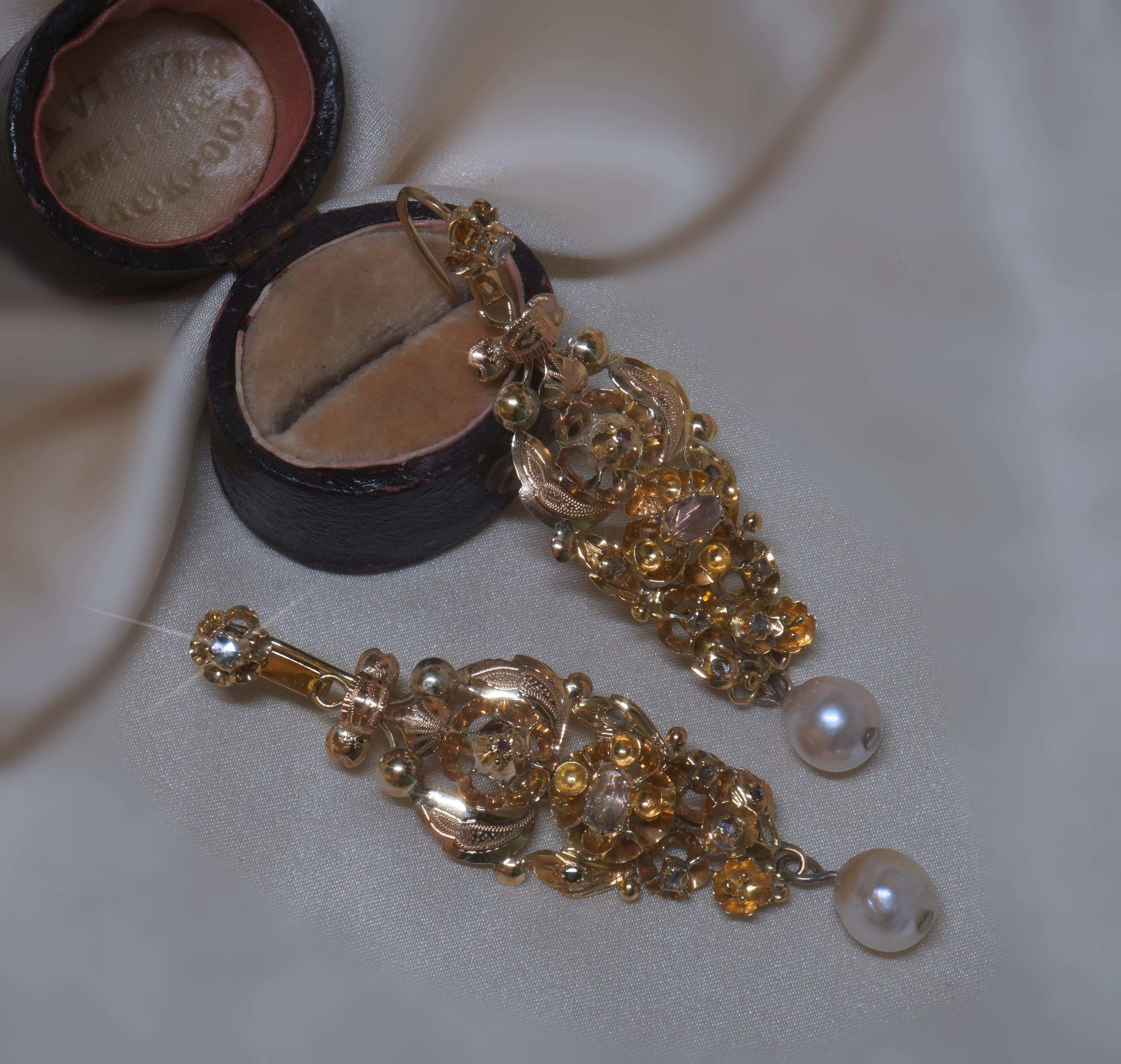 Antique Diamond Pearl Ruby Earrings 14K Certified Huge French Georgian 1700s For Sale 3