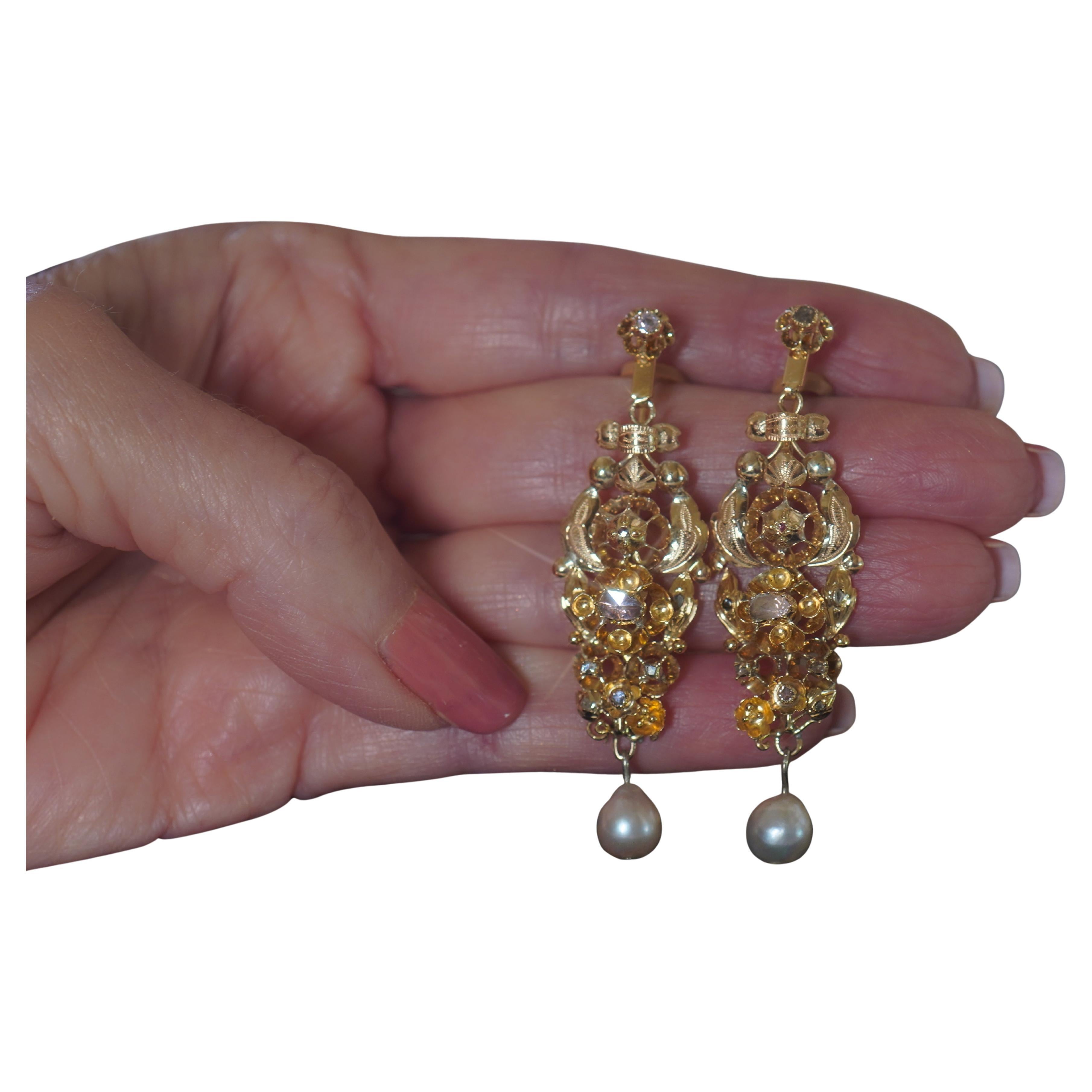 Antique Diamond Pearl Ruby Earrings 14K Certified Huge French Georgian 1700s For Sale