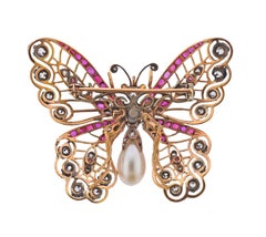 Antique Diamond Pearl Ruby Gold Silver Butterfly Brooch Pin
