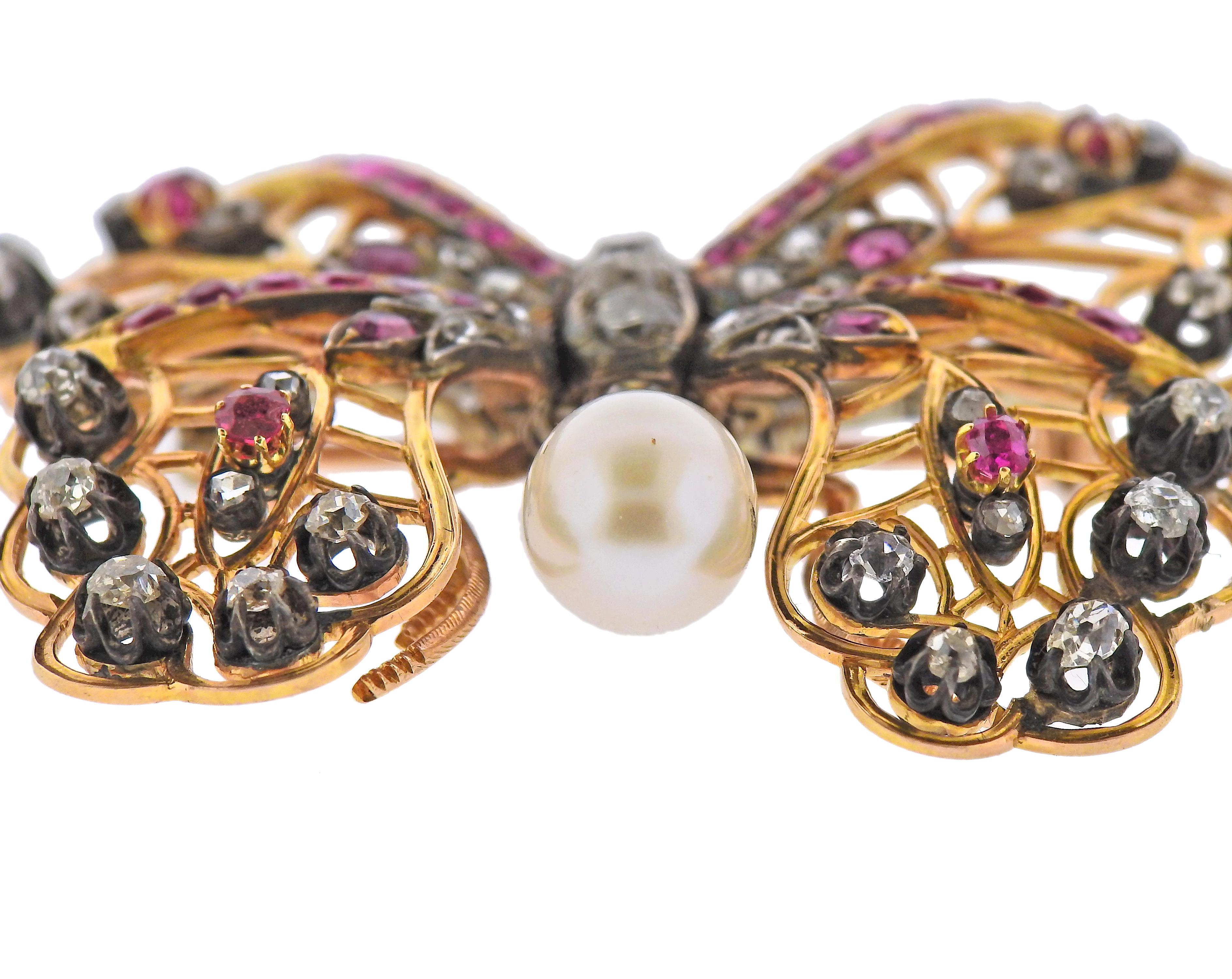 Antike Diamant Perle Rubin Gold Silber Schmetterling Brosche Pin (Rosenschliff) im Angebot