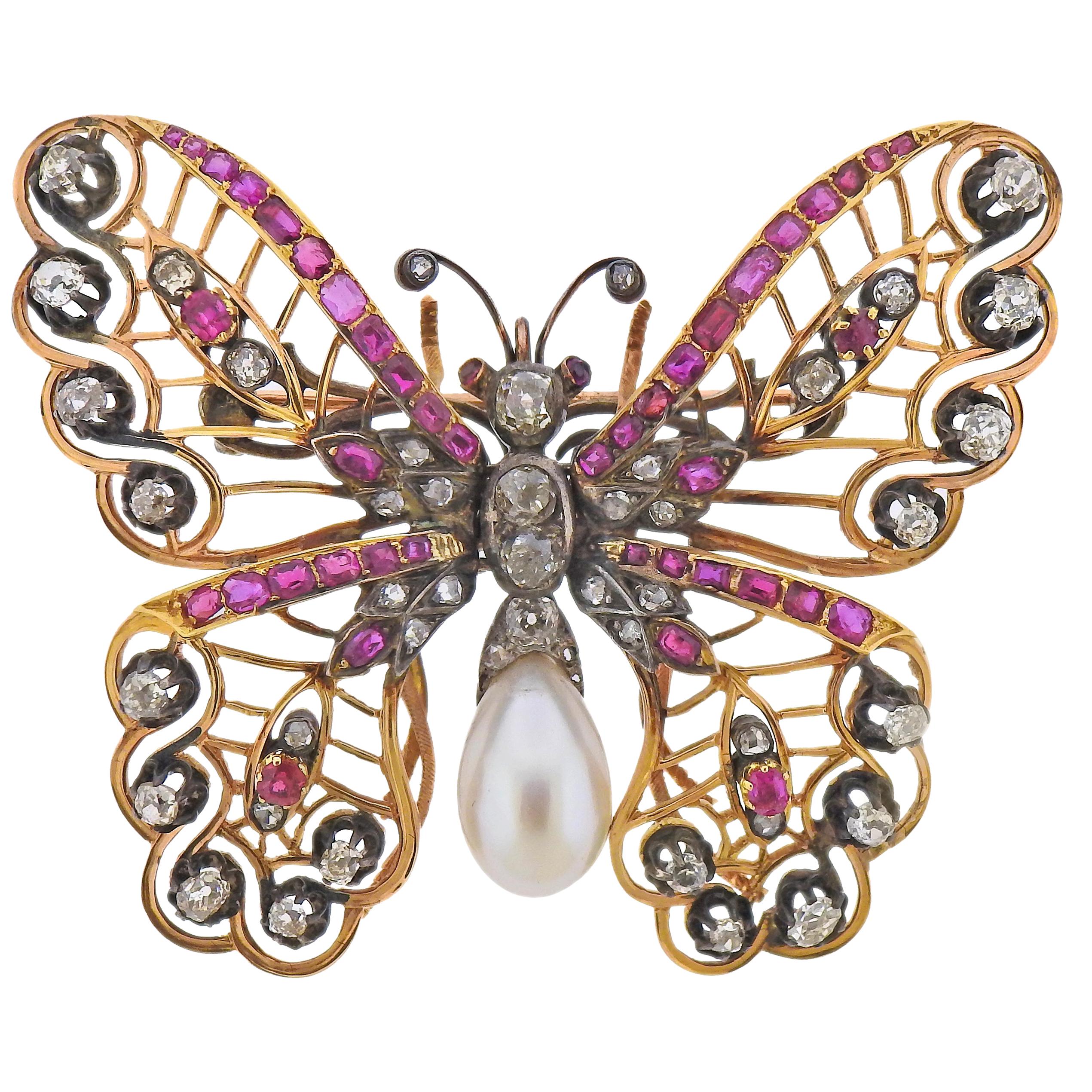 Antique Diamond Pearl Ruby Gold Silver Butterfly Brooch Pin