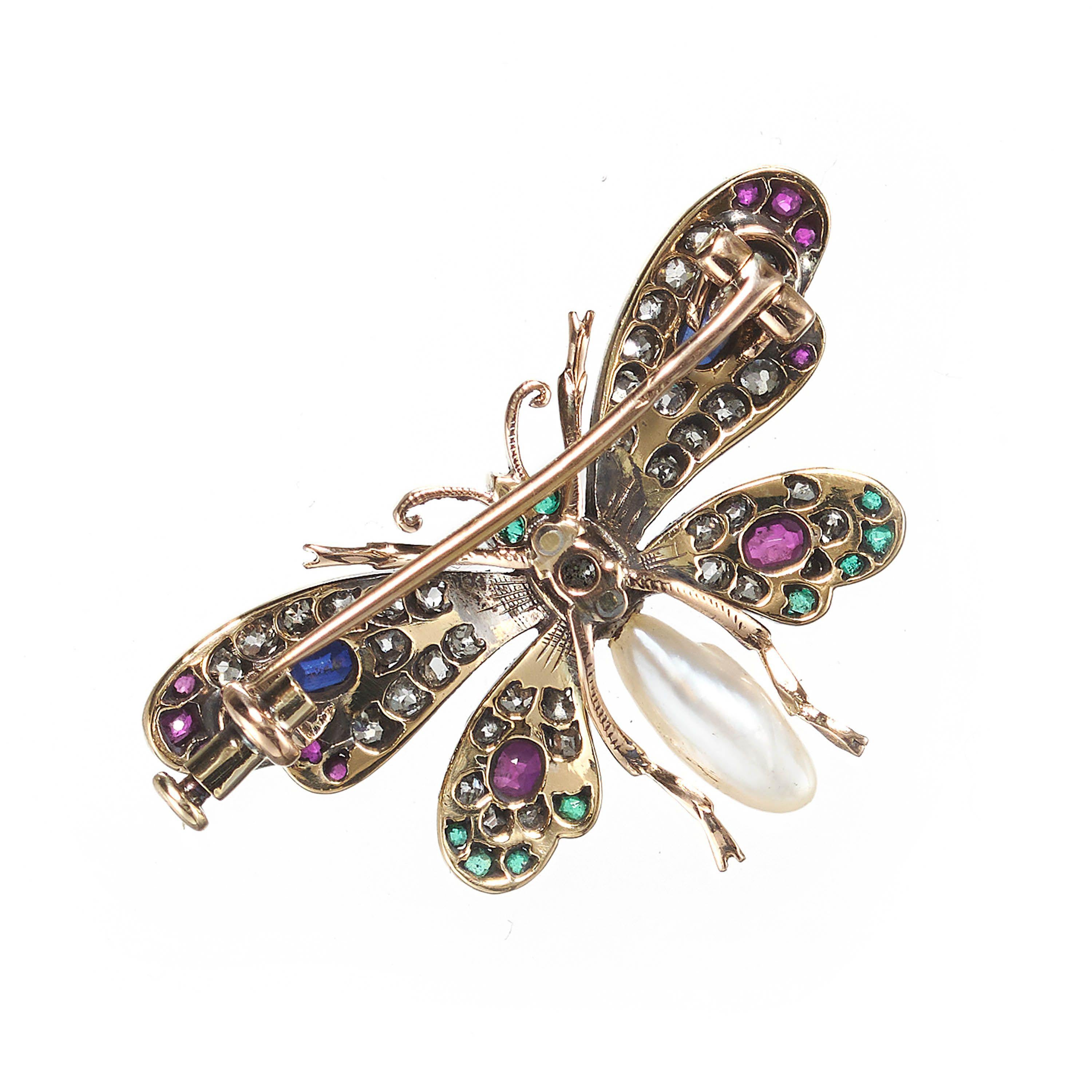 Old European Cut Antique Diamond Pearl Sapphire Ruby Emerald Silver and Gold Butterfly Brooch