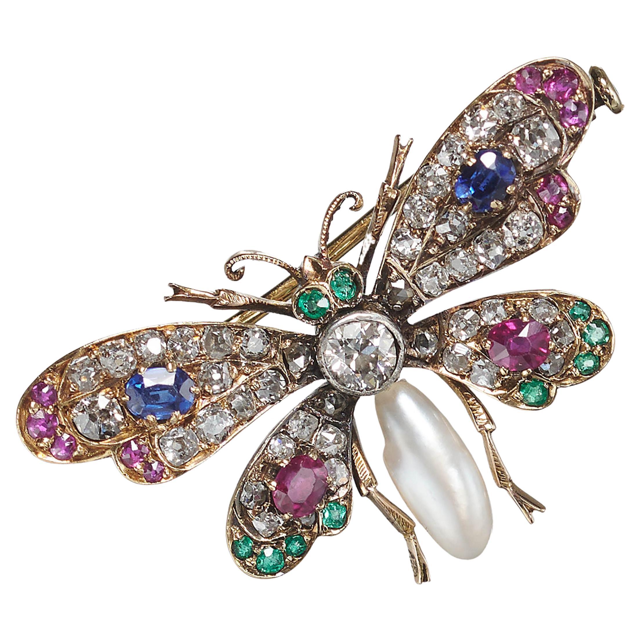 Antique Diamond Pearl Sapphire Ruby Emerald Silver and Gold Butterfly Brooch