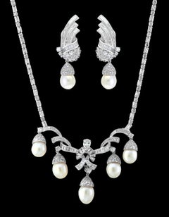 Antique Diamond Pearl Suite in 18 Karat White Gold, Bridal, Estate
