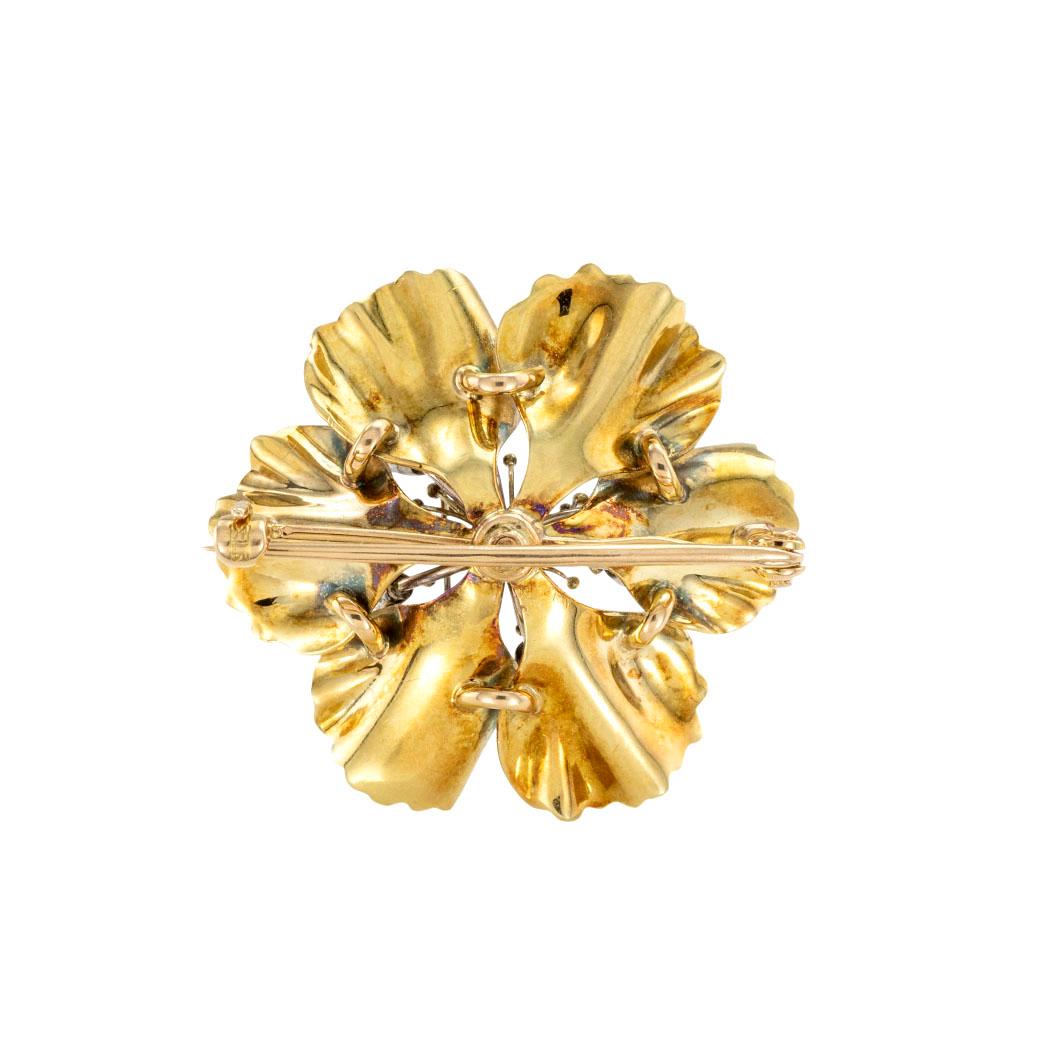 Old European Cut Antique Diamond Pearl Yellow Gold Anemone Flower Brooch