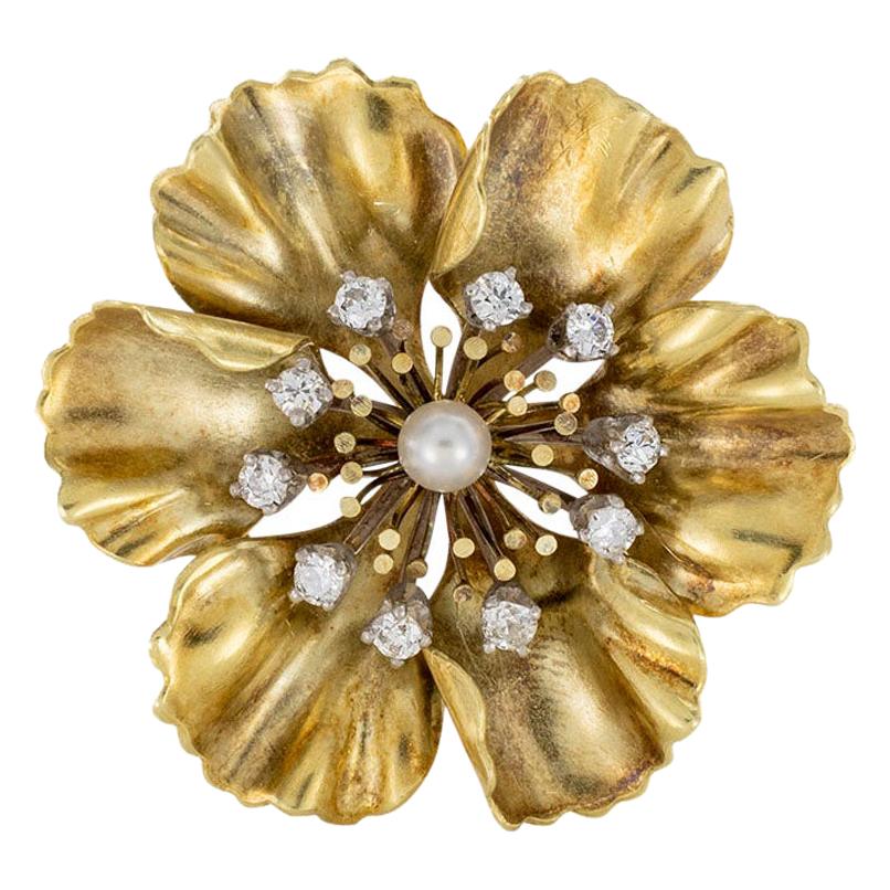Antique Diamond Pearl Yellow Gold Anemone Flower Brooch