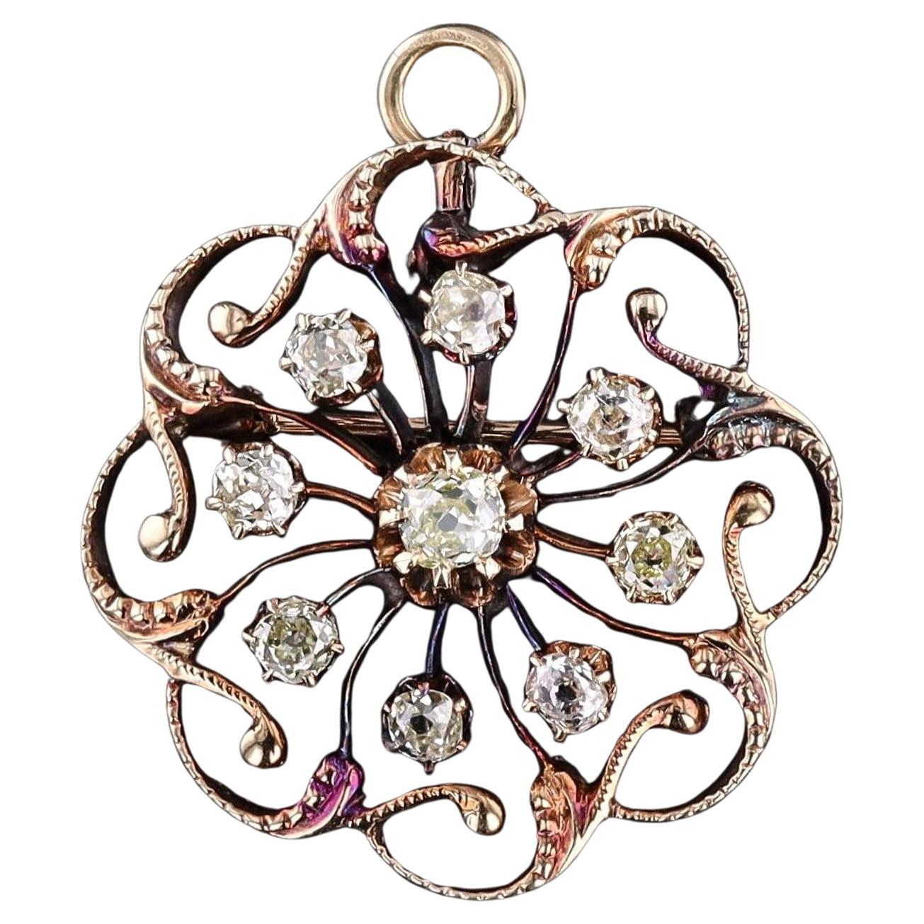 Spilla antica con ciondolo di diamanti in oro 14k